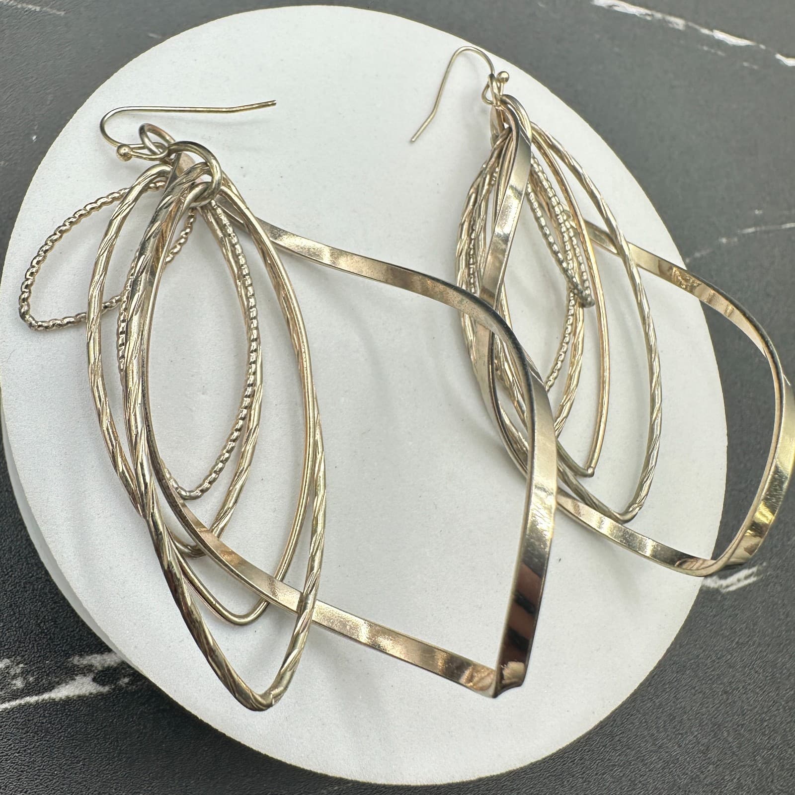 Vintage Silver Tone Dangle Earrings Multi-Loop Leaf Modern Fashion Long Hook - Thumbnail 14