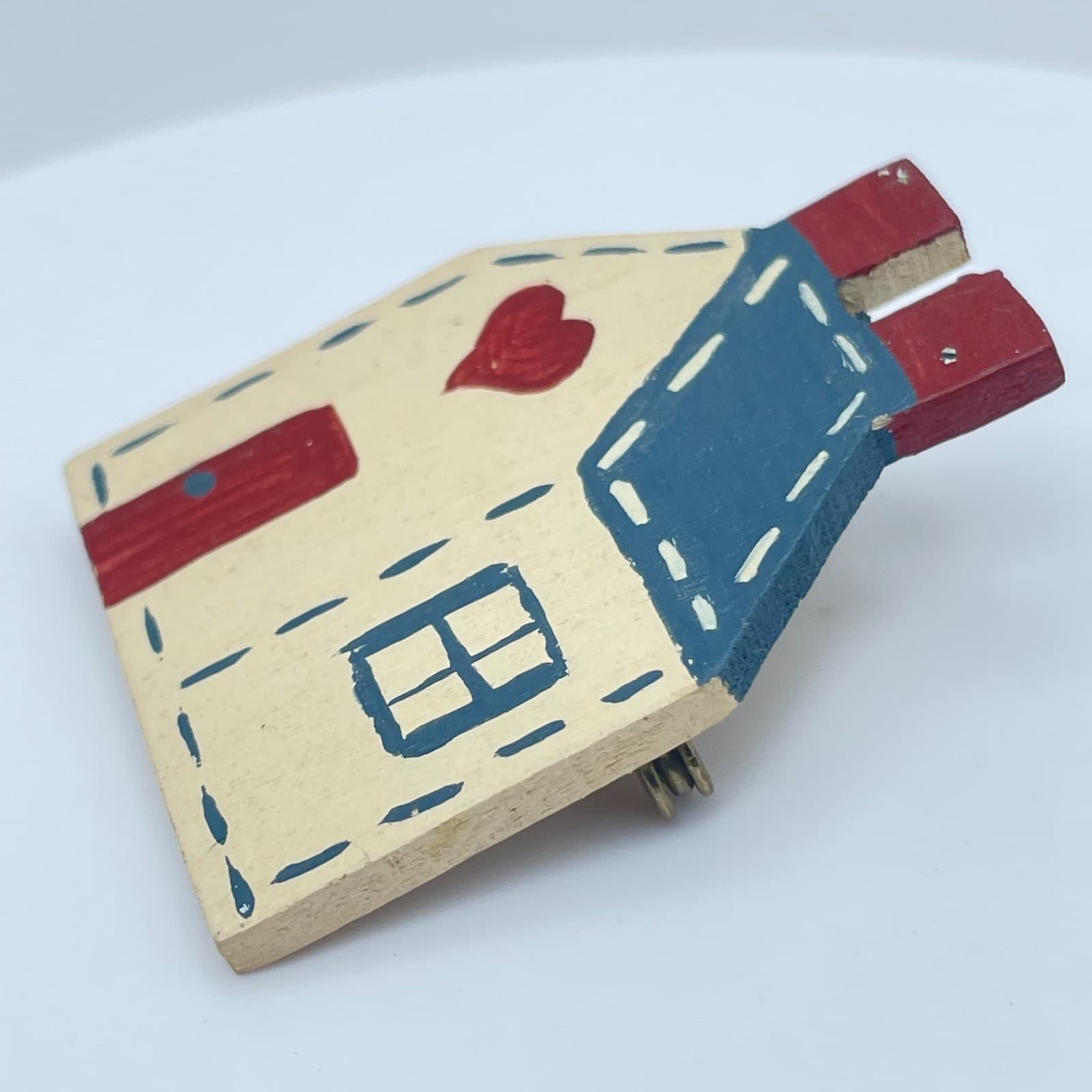 Vintage 90s Hand Painted Wooden House Brooch Pin Art Women's Classic Jewelry - Thumbnail 3