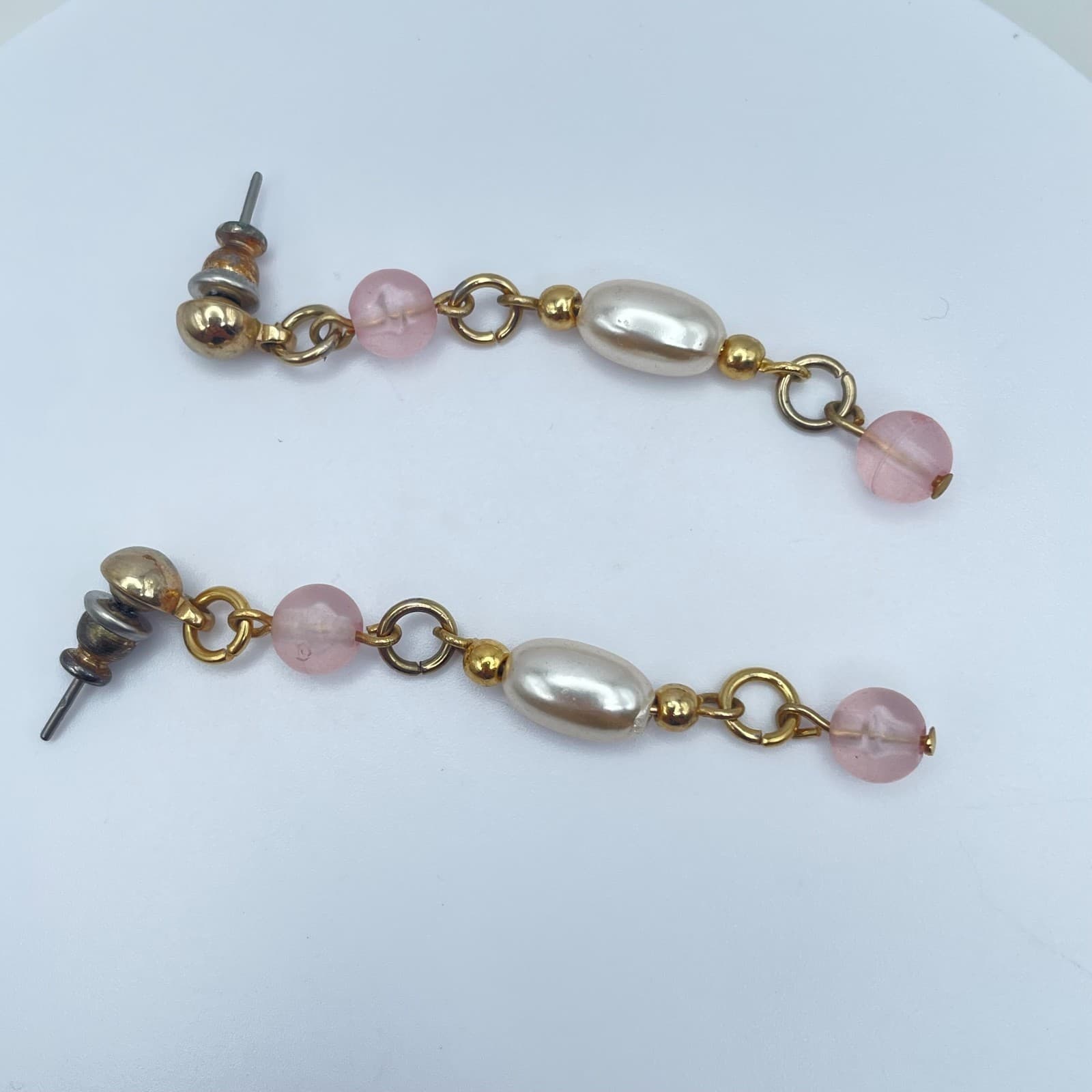 Vintage 90s Faux Pearl Beaded Gold Tone Dangle Earrings Retro Women's Jewelry - Thumbnail 3