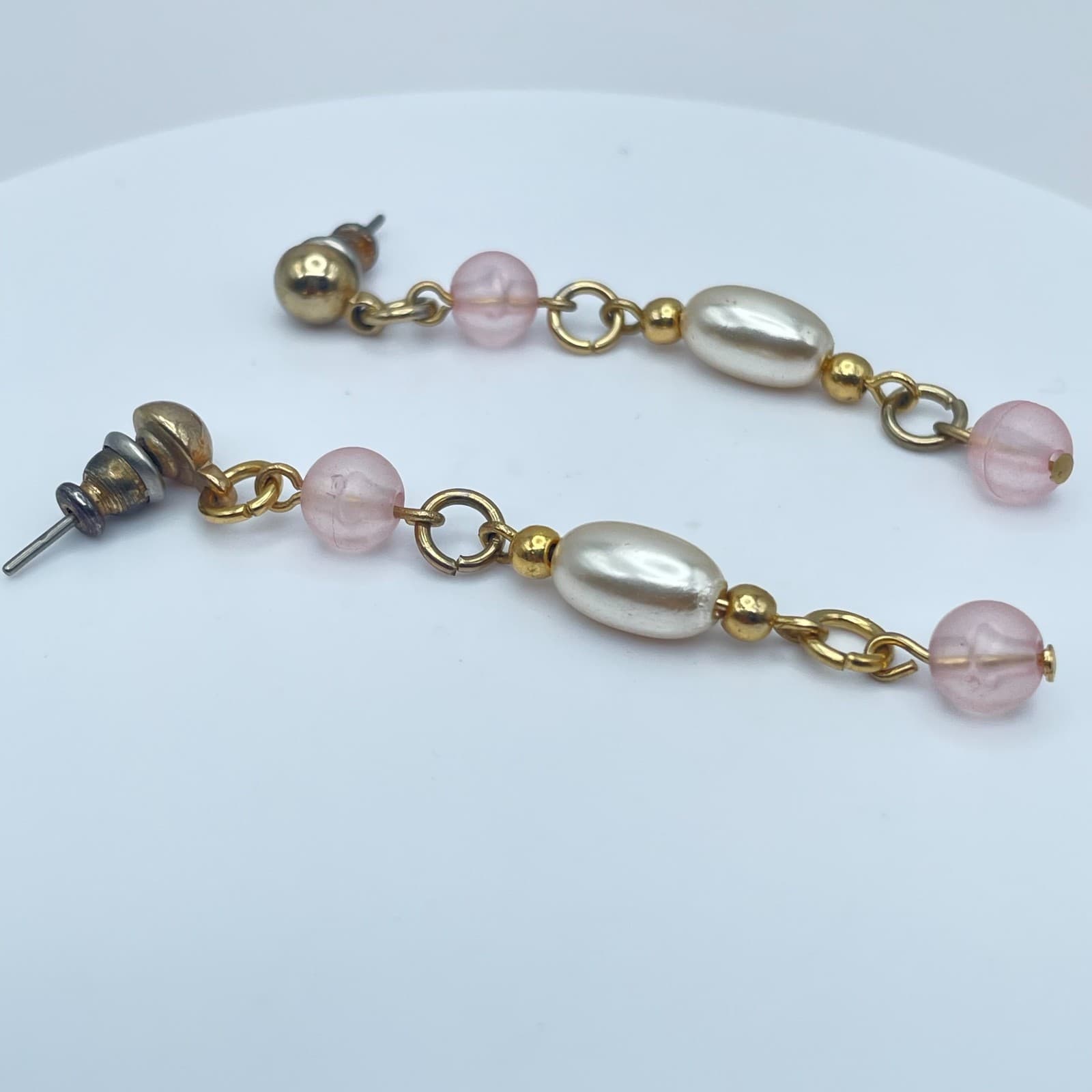 Vintage 90s Faux Pearl Beaded Gold Tone Dangle Earrings Retro Women's Jewelry - Thumbnail 4