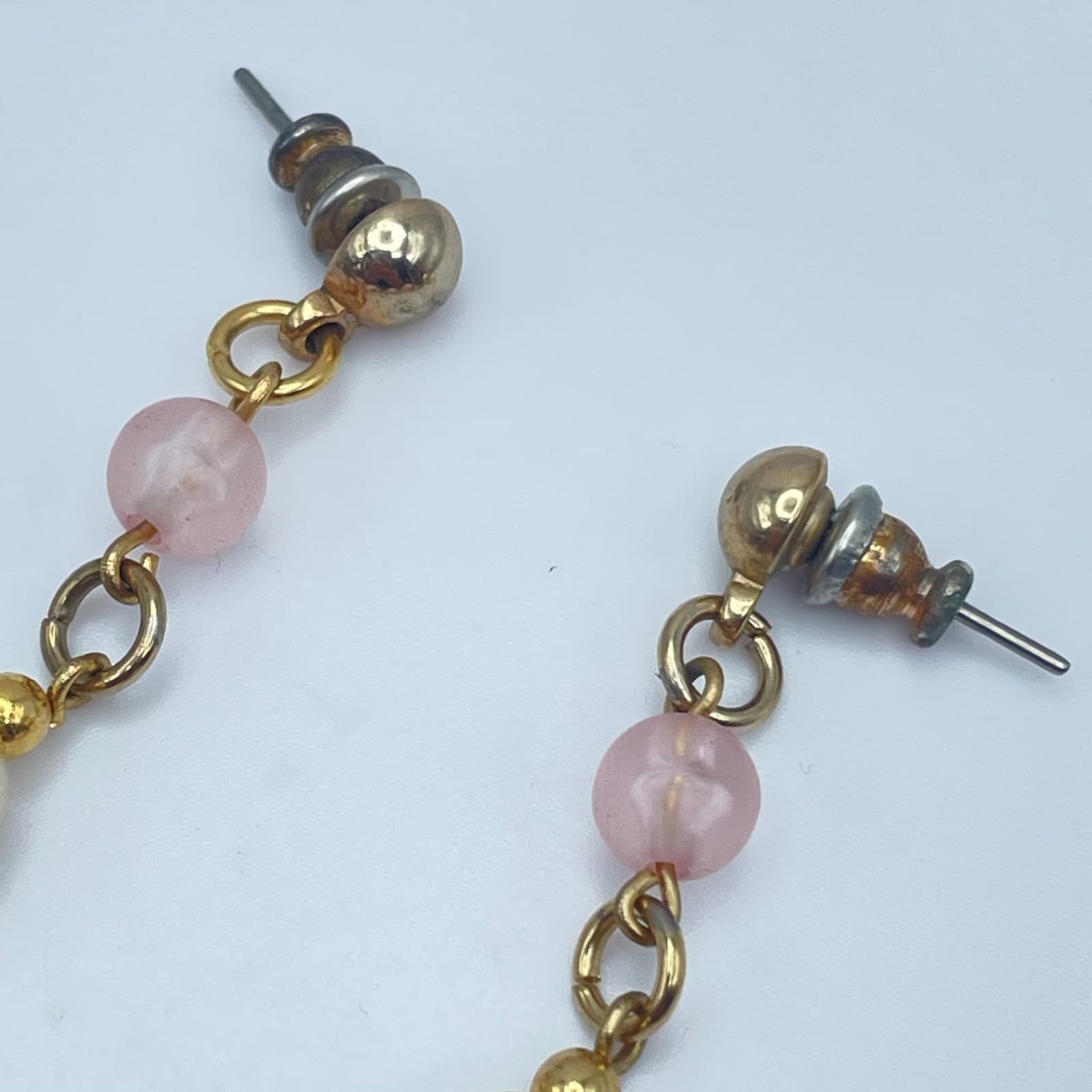 Vintage 90s Faux Pearl Beaded Gold Tone Dangle Earrings Retro Women's Jewelry - Thumbnail 5