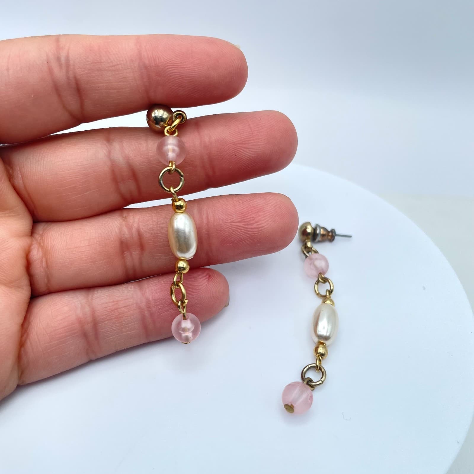 Vintage 90s Faux Pearl Beaded Gold Tone Dangle Earrings Retro Women's Jewelry - Thumbnail 7