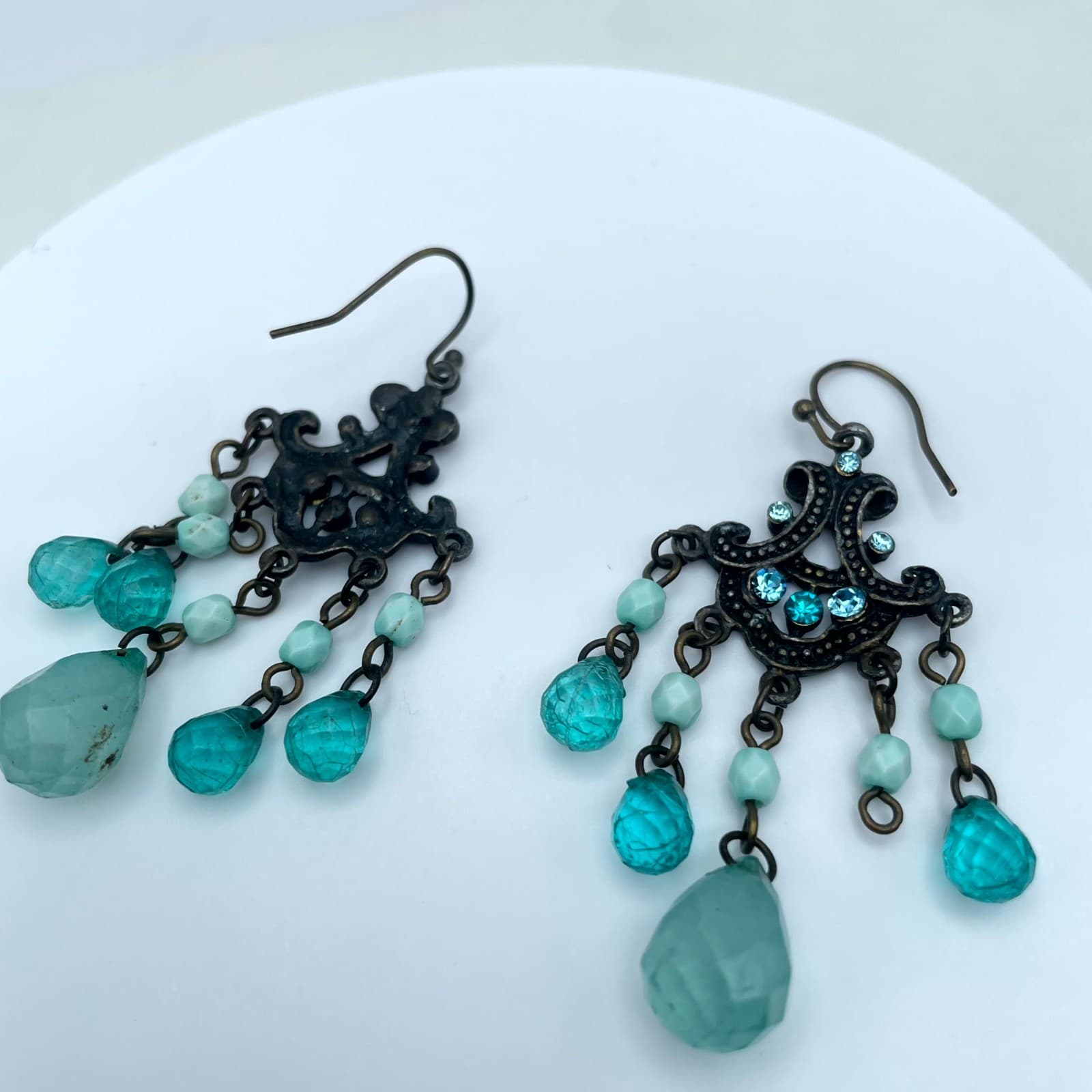 Vintage Bronze-Tone Oxidized Metal Teal Glass Beads Chandelier Dangle Earrings - Image 1