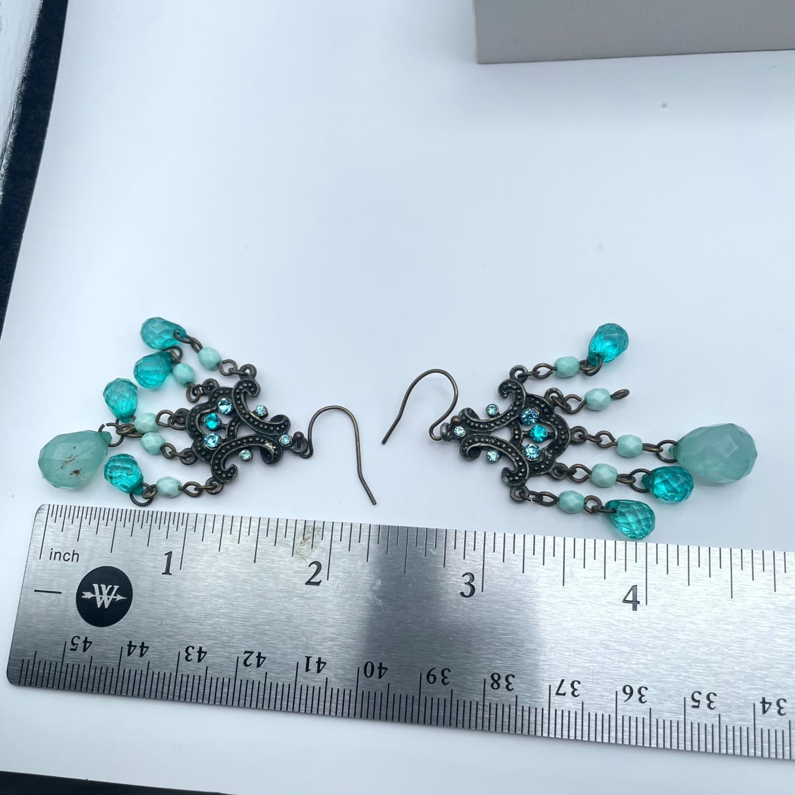 Vintage Bronze-Tone Oxidized Metal Teal Glass Beads Chandelier Dangle Earrings - Thumbnail 2