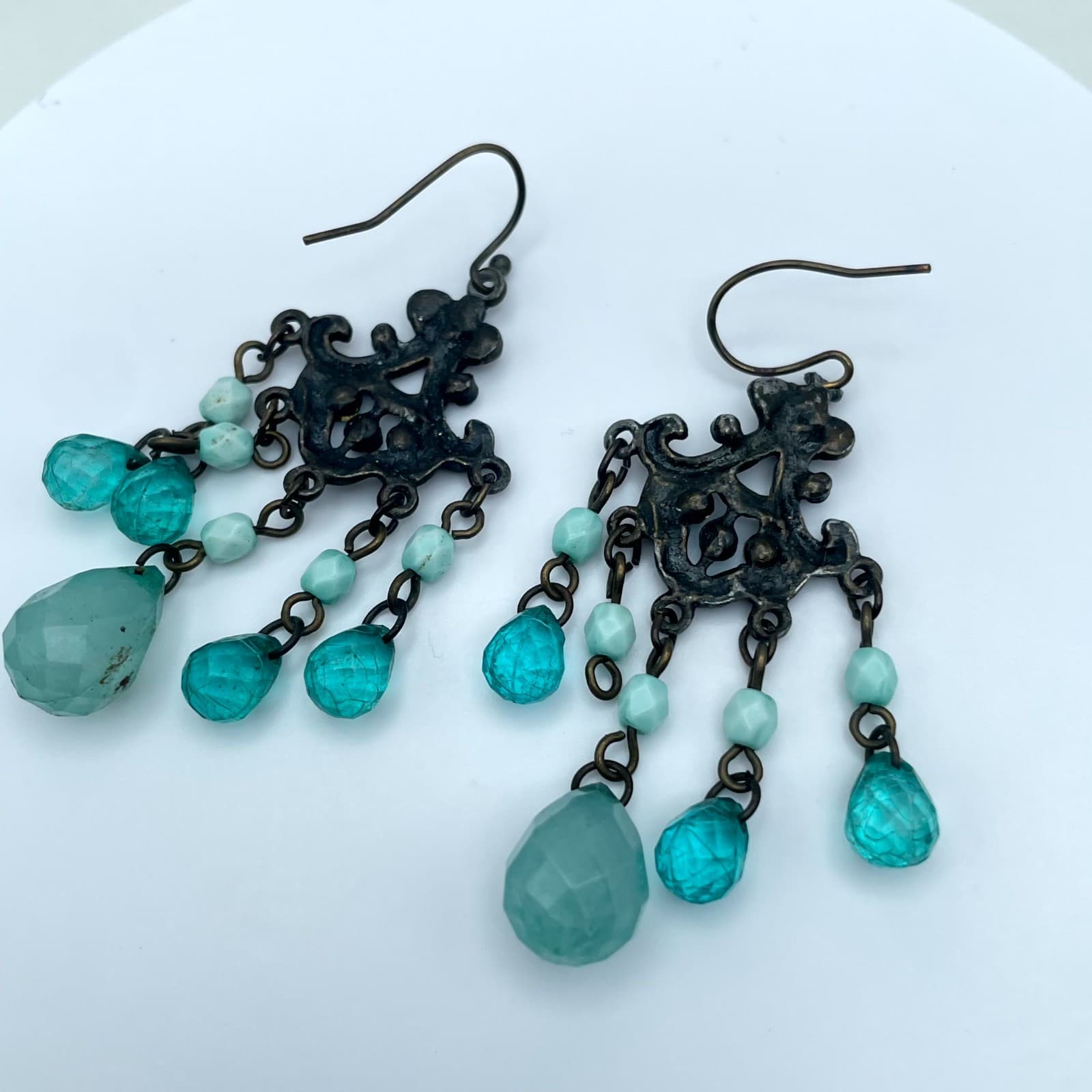 Vintage Bronze-Tone Oxidized Metal Teal Glass Beads Chandelier Dangle Earrings - Thumbnail 3