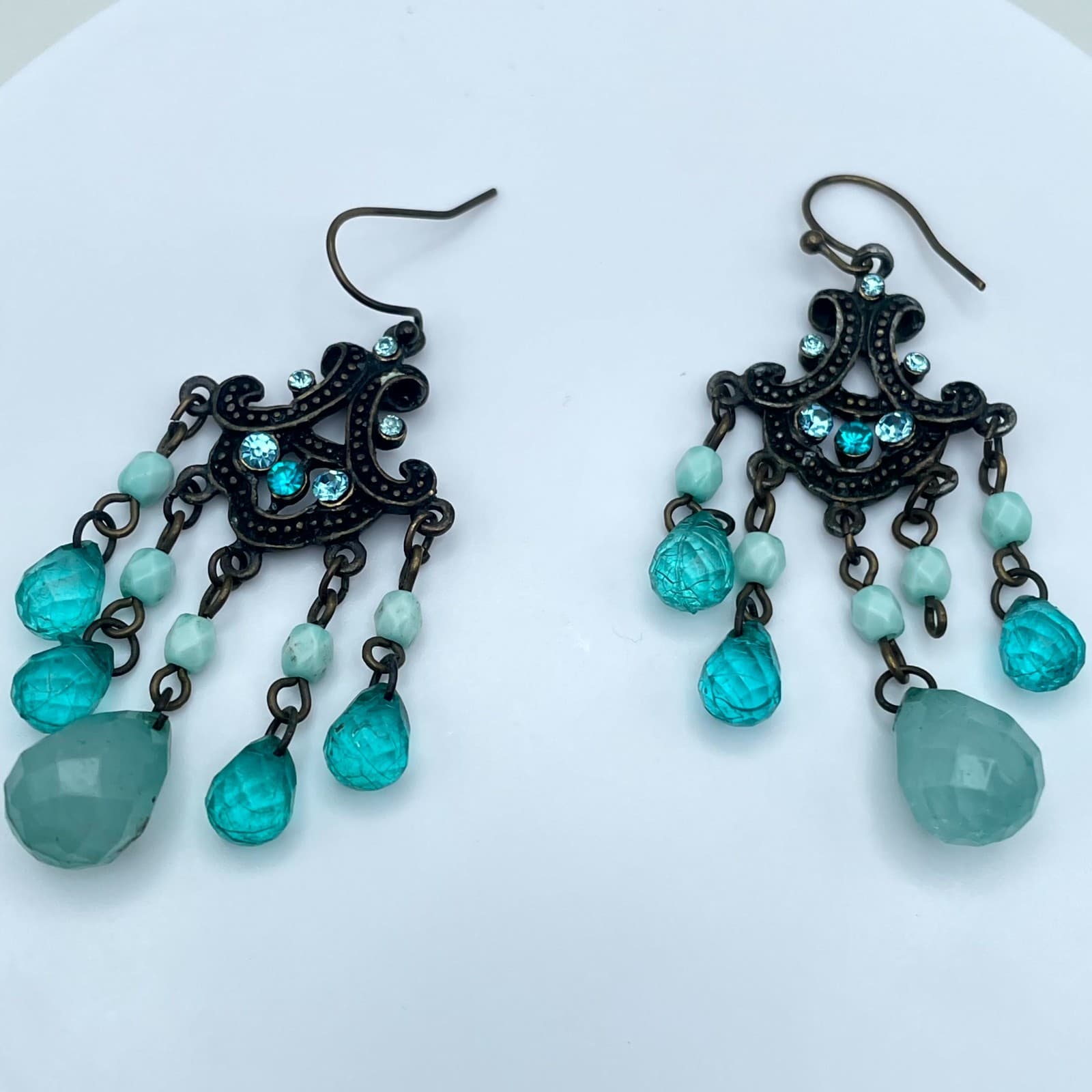Vintage Bronze-Tone Oxidized Metal Teal Glass Beads Chandelier Dangle Earrings - Thumbnail 5