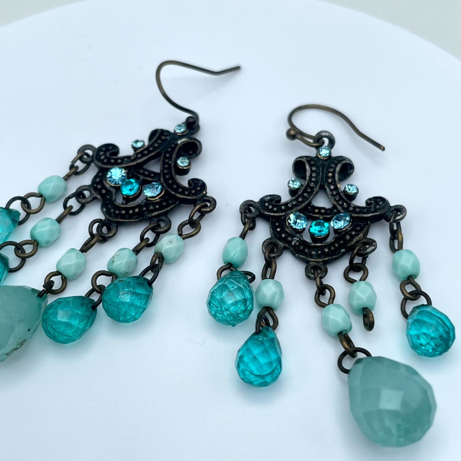 Vintage Bronze-Tone Oxidized Metal Teal Glass Beads Chandelier Dangle Earrings - Thumbnail 6