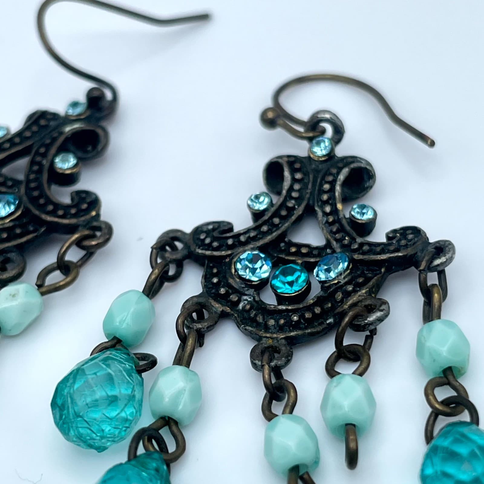 Vintage Bronze-Tone Oxidized Metal Teal Glass Beads Chandelier Dangle Earrings - Thumbnail 8
