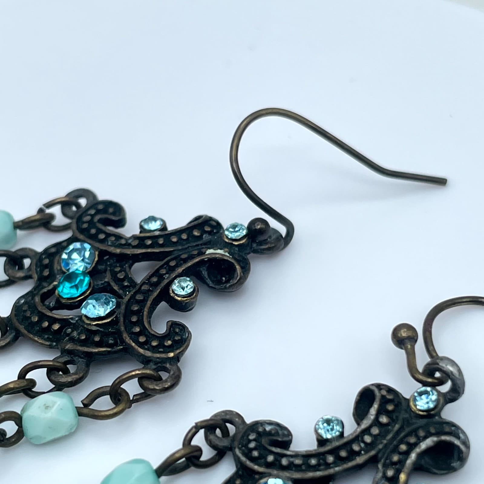 Vintage Bronze-Tone Oxidized Metal Teal Glass Beads Chandelier Dangle Earrings - Thumbnail 9