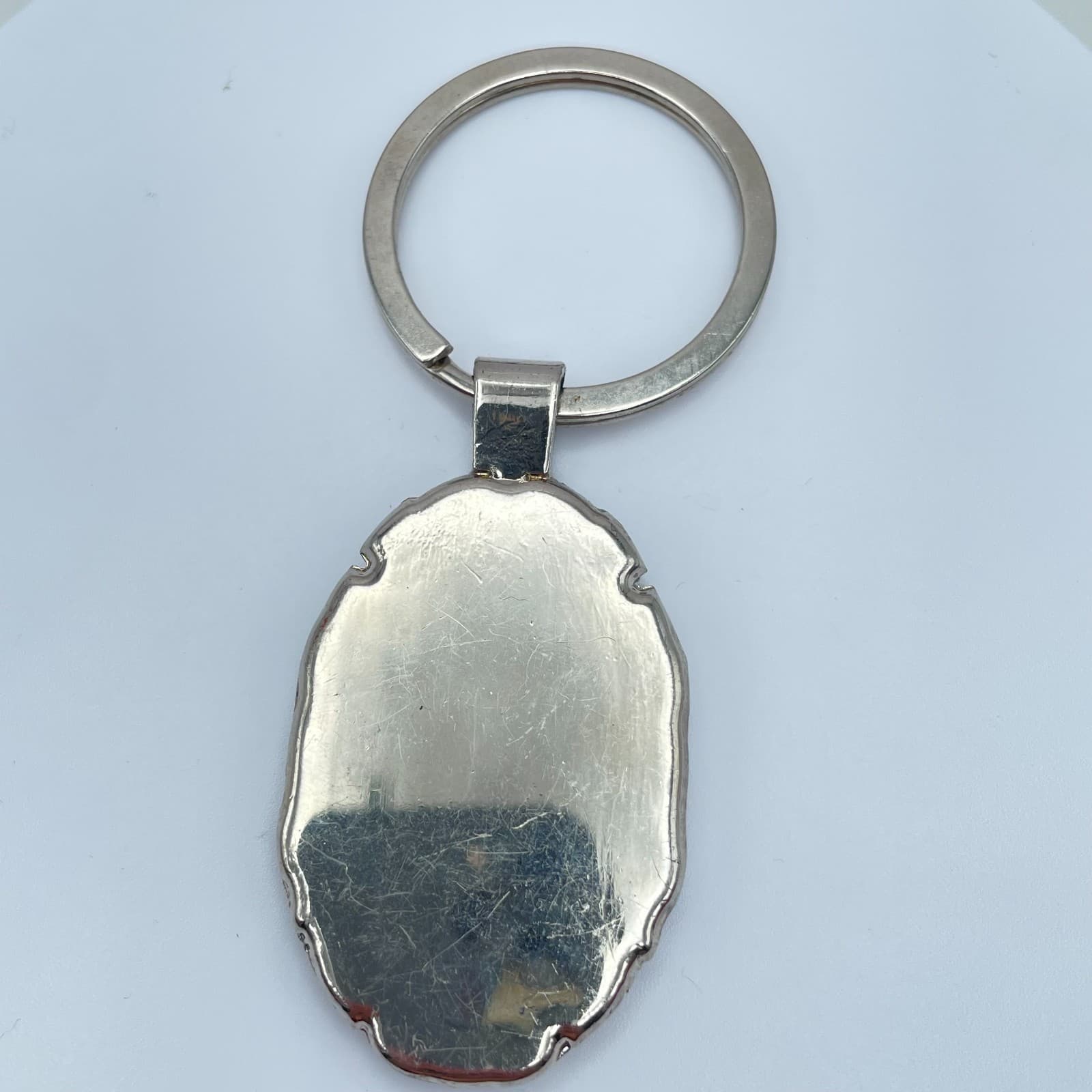 Vintage 90s Blue Enamel Religious Oval Pendant Keychain Silver Tone Jewelry - Thumbnail 2