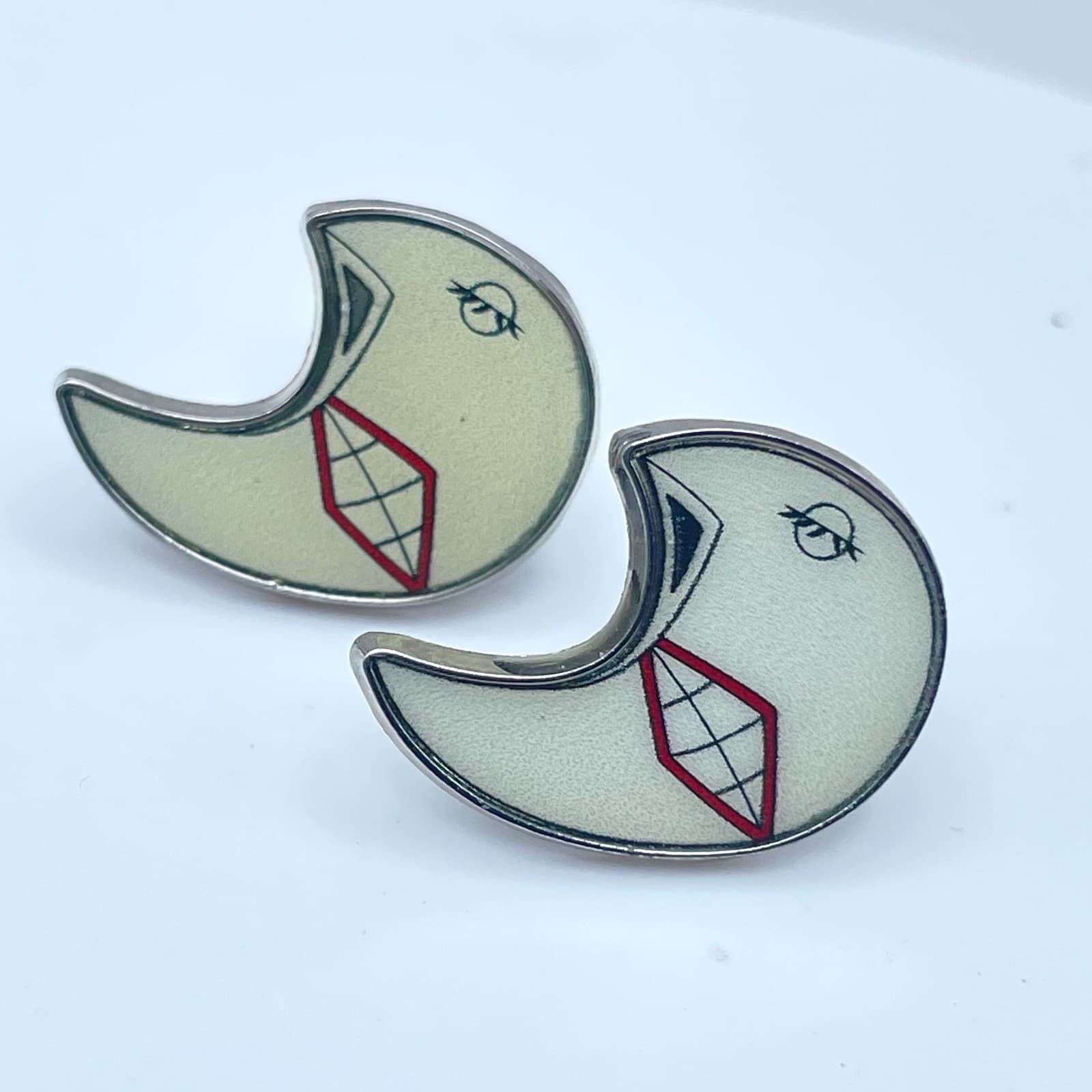 Vintage 90s Soul Eater Moon Silver-Tone Studs Earrings Women's Classic Jewelry - Thumbnail 2