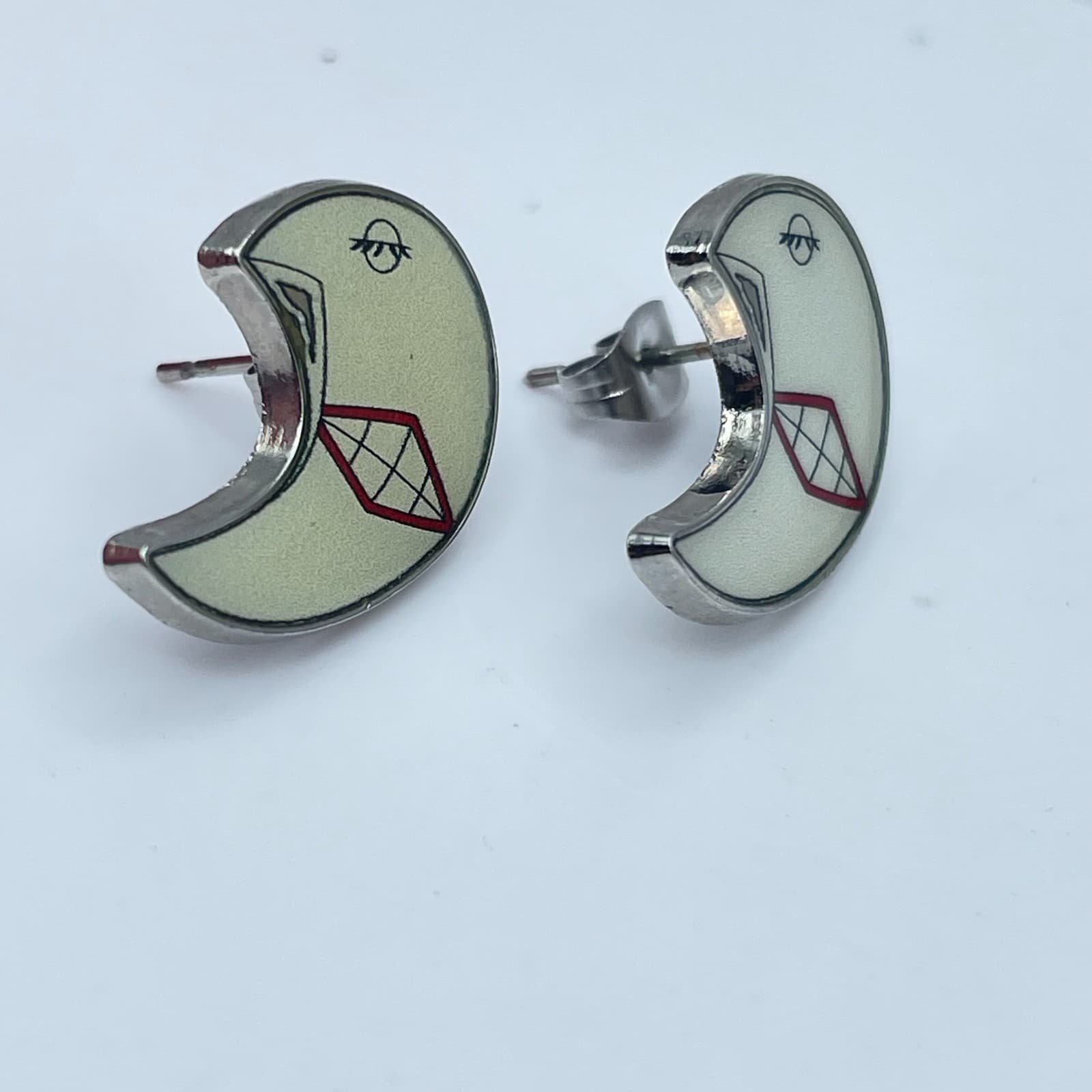 Vintage 90s Soul Eater Moon Silver-Tone Studs Earrings Women's Classic Jewelry - Thumbnail 9
