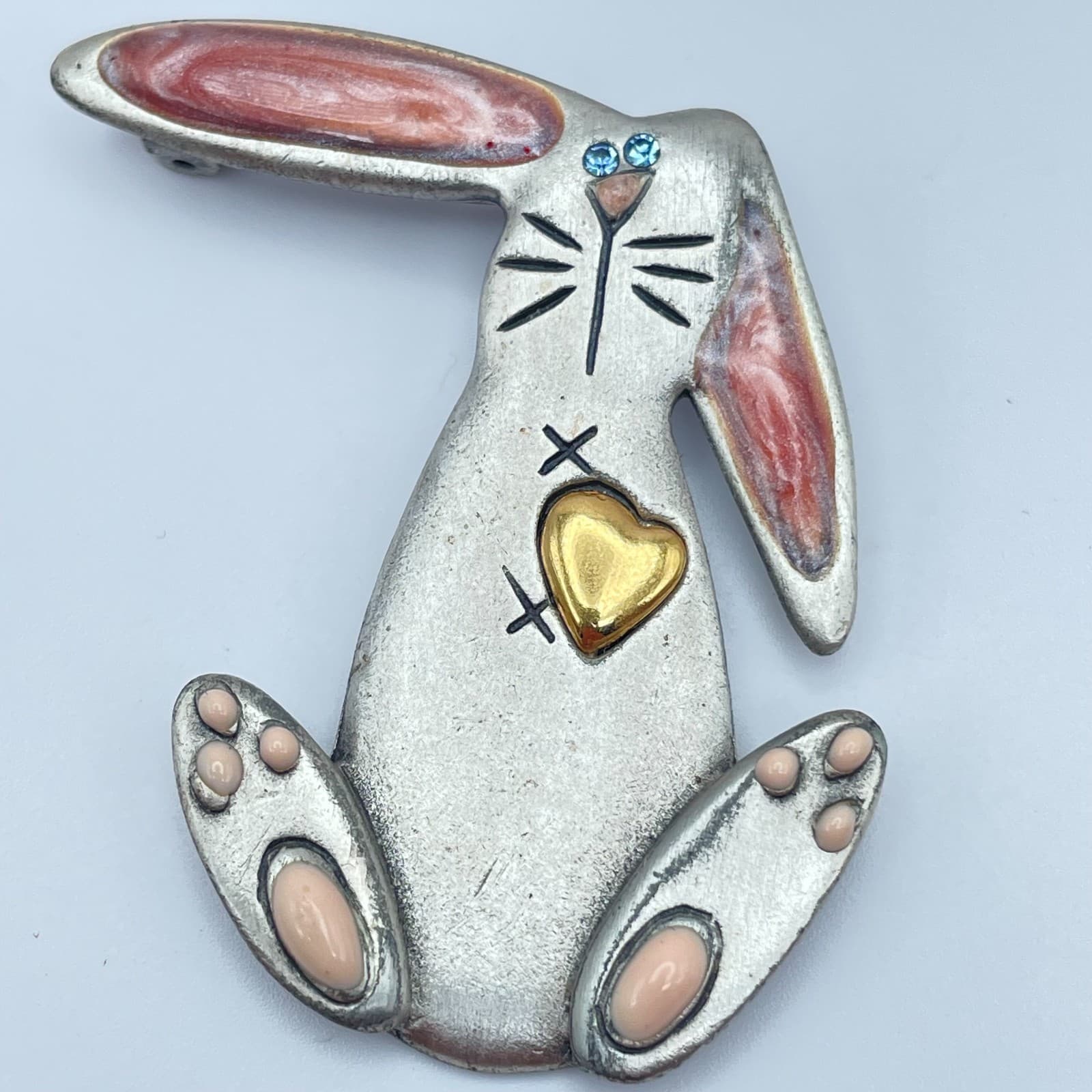 Vintage 90s AJMC Blue Crystal Enamel Bunny Rabbit Brooch Silver Tone Jewelry - Image 1