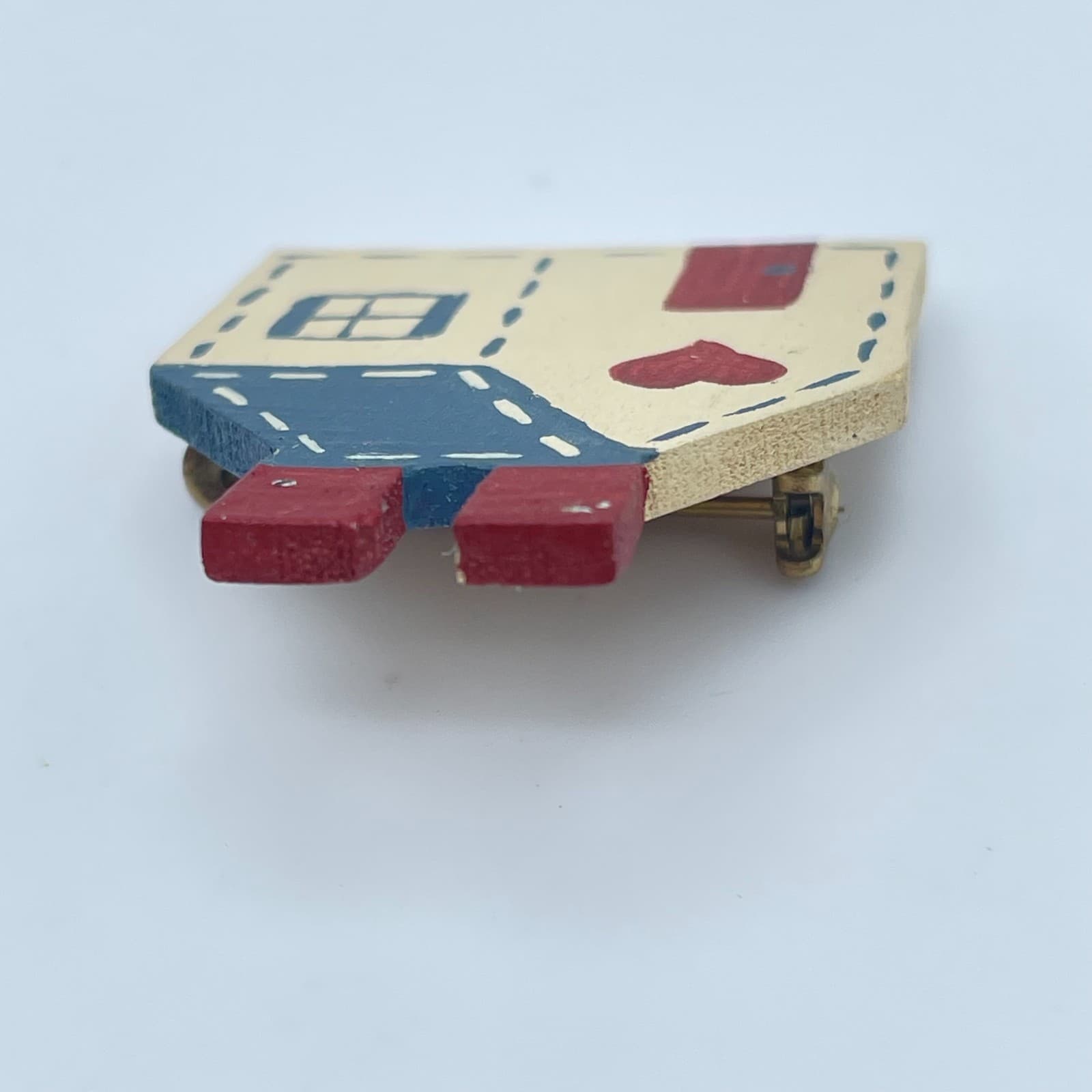 Vintage 90s Hand Painted Wooden House Brooch Pin Art Women's Classic Jewelry - Thumbnail 4