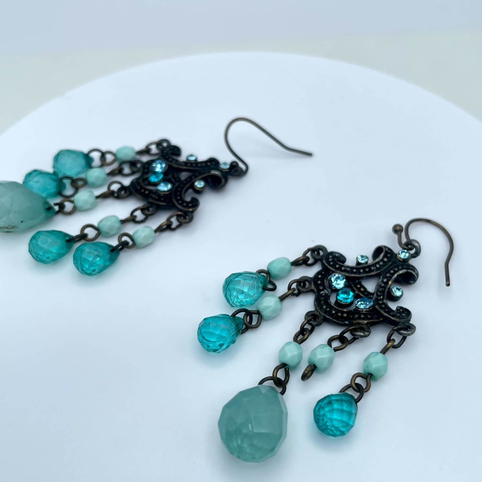 Vintage Bronze-Tone Oxidized Metal Teal Glass Beads Chandelier Dangle Earrings - Thumbnail 4