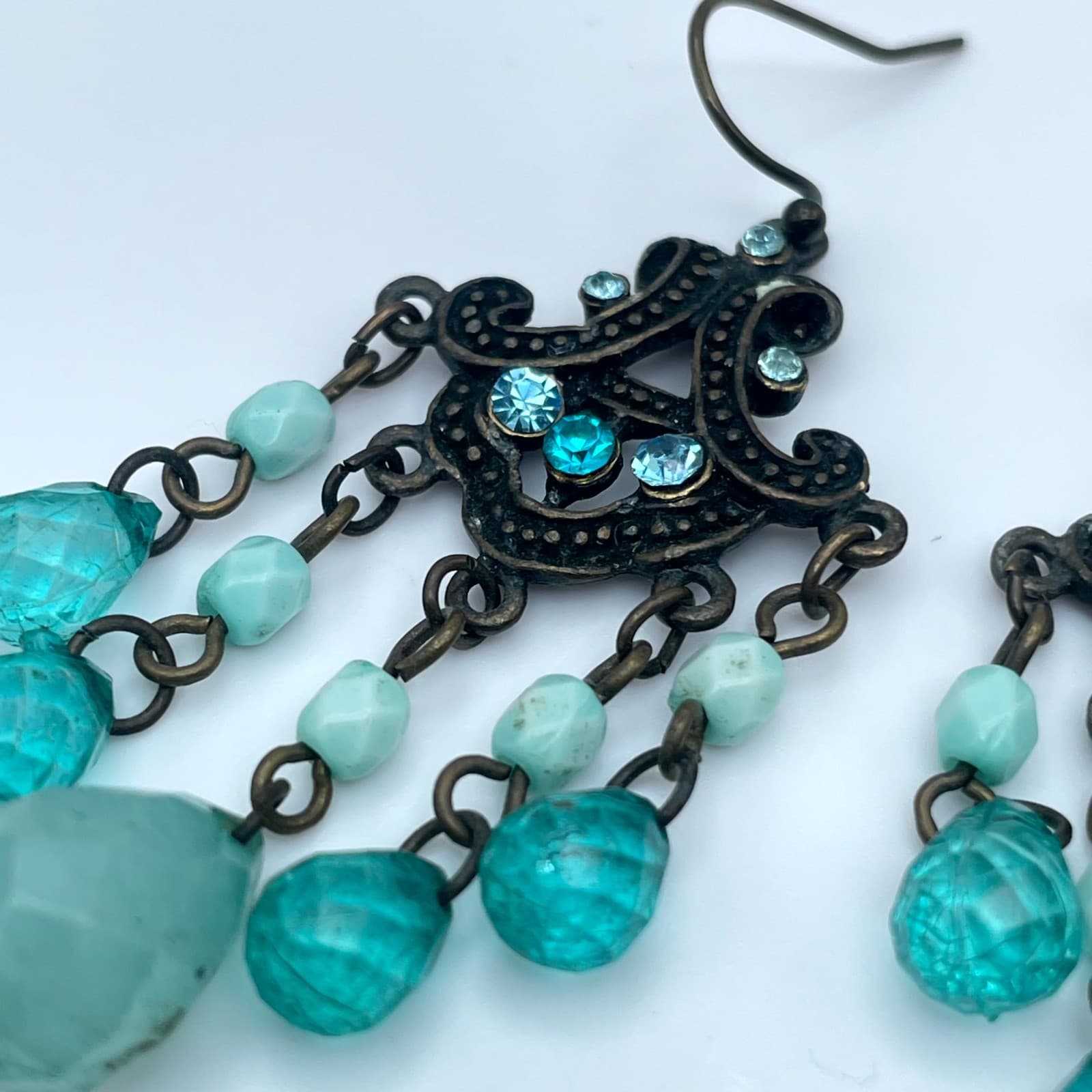 Vintage Bronze-Tone Oxidized Metal Teal Glass Beads Chandelier Dangle Earrings - Thumbnail 7
