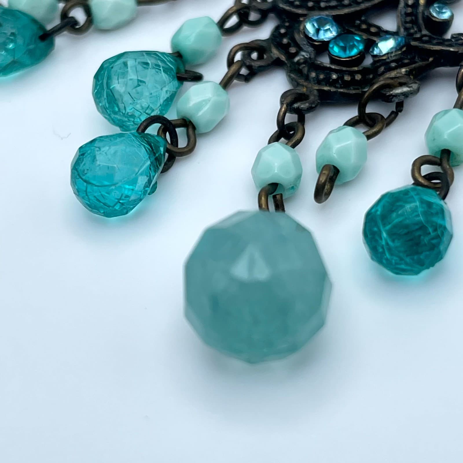 Vintage Bronze-Tone Oxidized Metal Teal Glass Beads Chandelier Dangle Earrings - Thumbnail 10