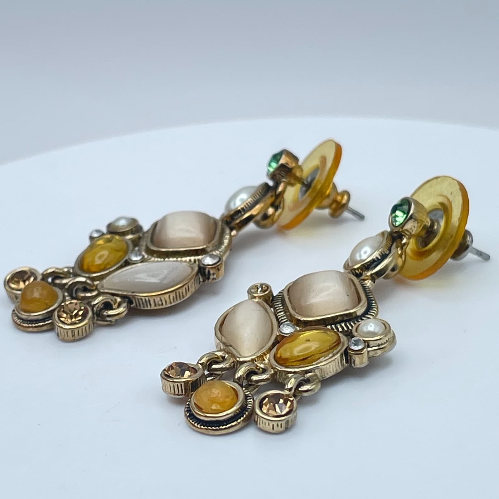 Vintage Y2K Gold Tone Dangle Earrings Rhinestone Glass Statement Women's Jewelry - Thumbnail 5