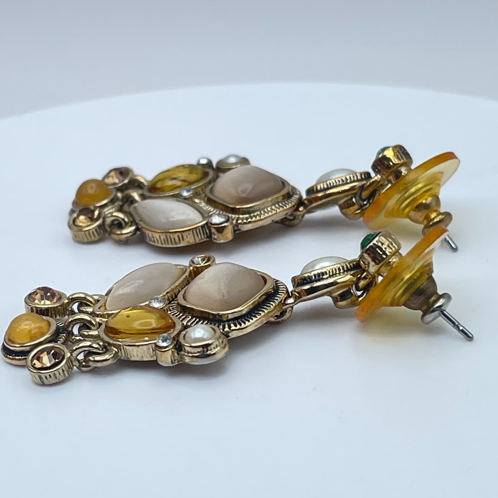 Vintage Y2K Gold Tone Dangle Earrings Rhinestone Glass Statement Women's Jewelry - Thumbnail 6