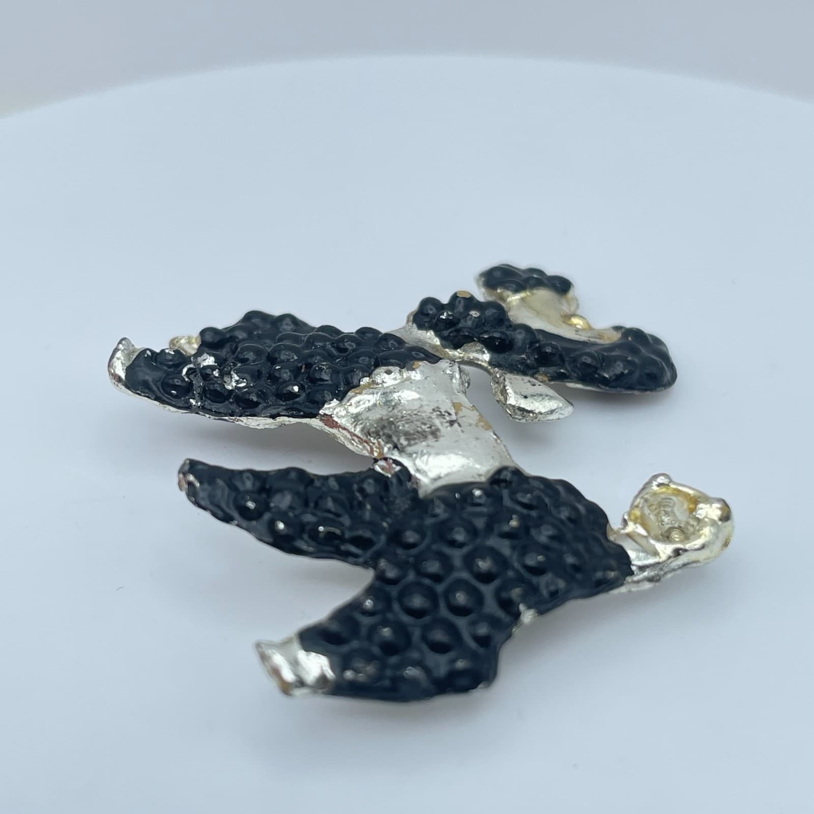 Vintage 90s Silver Tone Textured Black Enamel Poodle Dog Brooch Pin Jewelry - Thumbnail 2