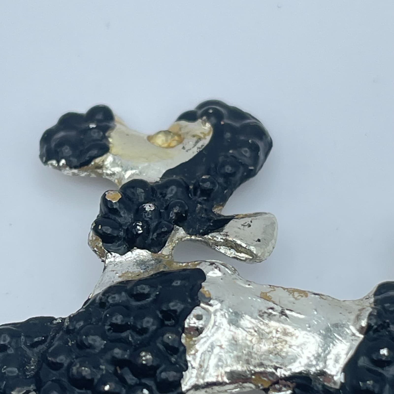 Vintage 90s Silver Tone Textured Black Enamel Poodle Dog Brooch Pin Jewelry - Thumbnail 4