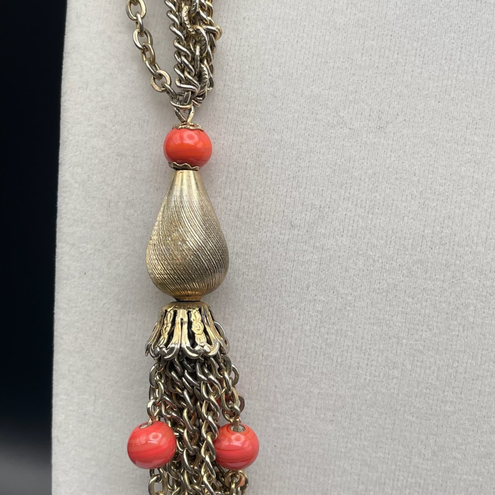 Vintage Multi-strand gold-tone chain necklace with red beads and tassel accents - Thumbnail 3