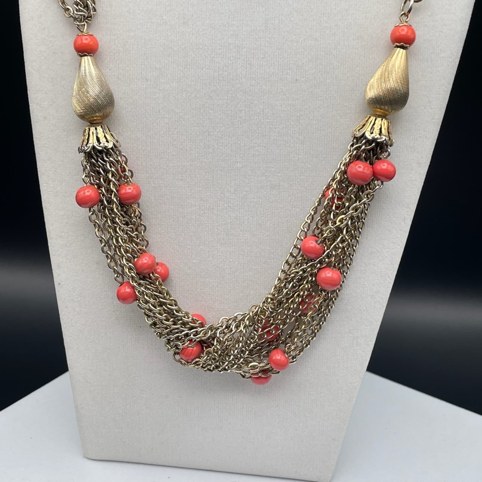 Vintage Multi-strand gold-tone chain necklace with red beads and tassel accents - Thumbnail 4