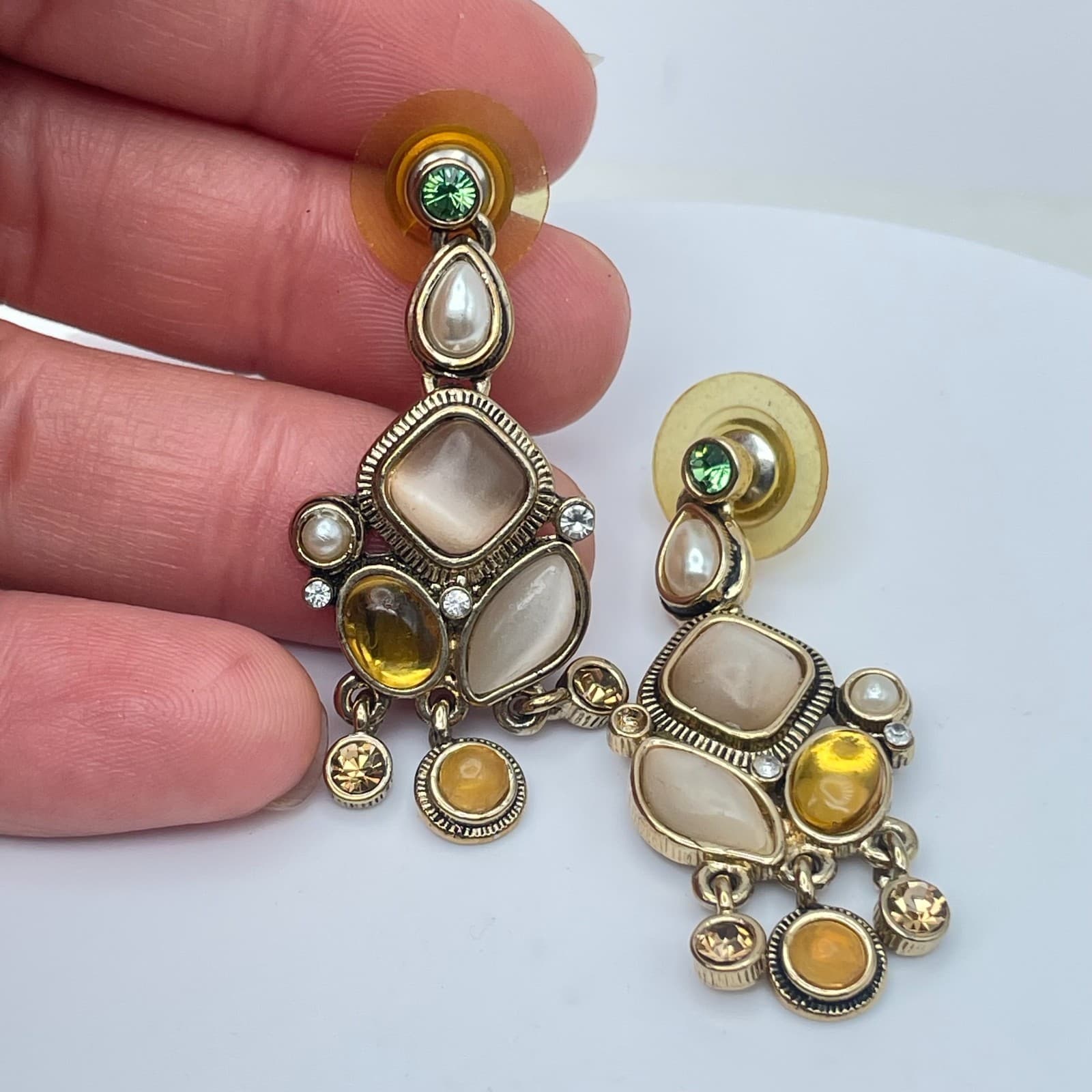 Vintage Y2K Gold Tone Dangle Earrings Rhinestone Glass Statement Women's Jewelry - Thumbnail 11