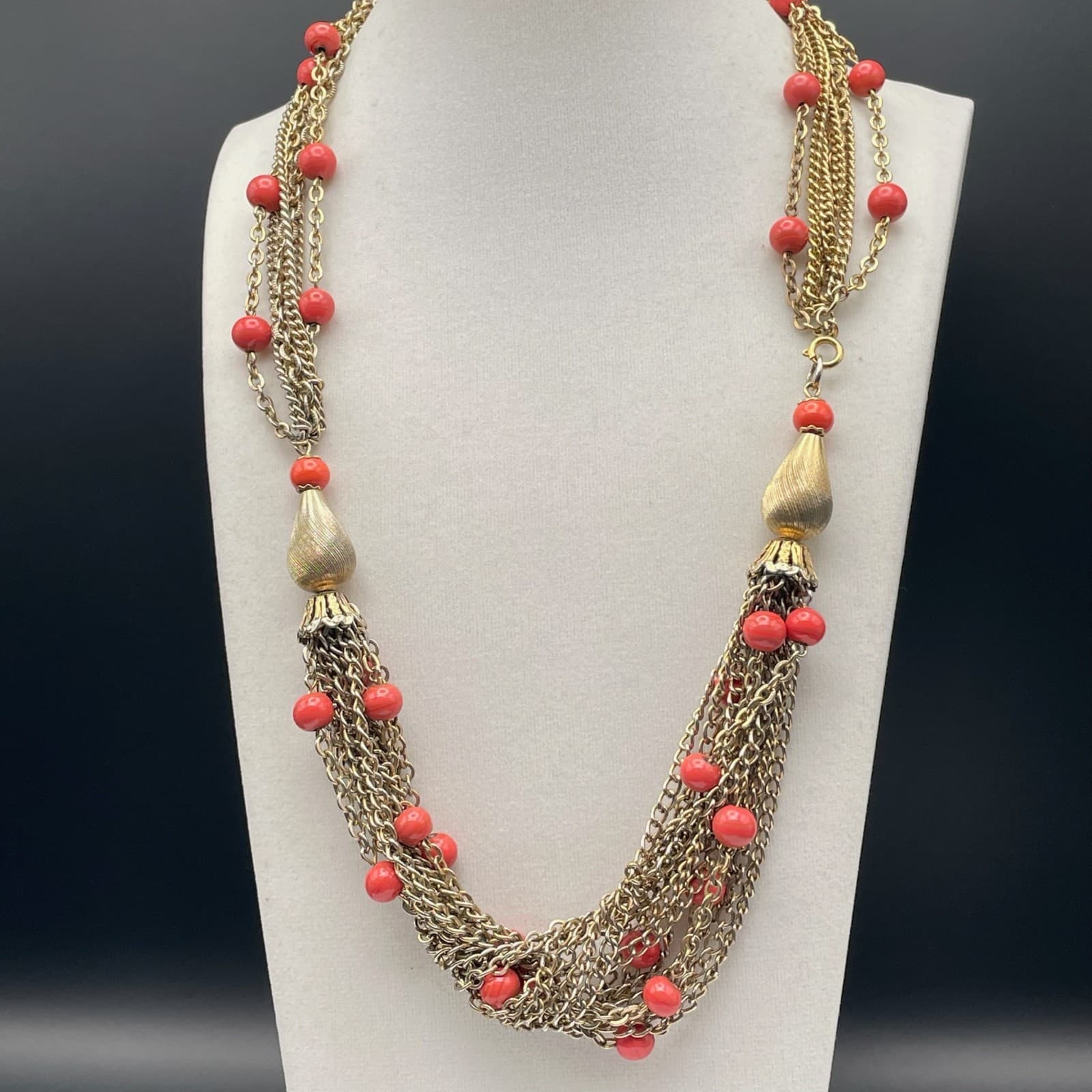 Vintage Multi-strand gold-tone chain necklace with red beads and tassel accents - Thumbnail 5