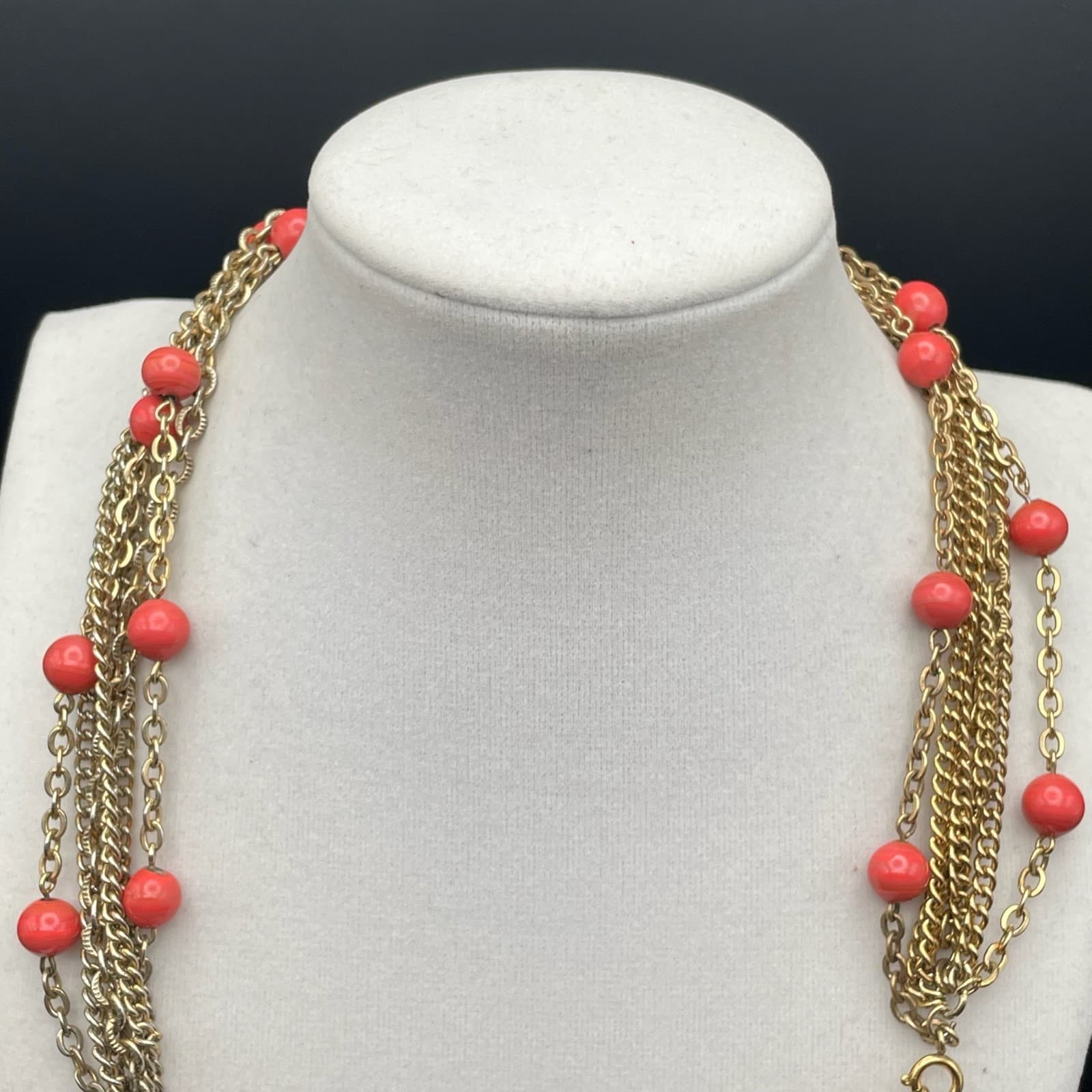 Vintage Multi-strand gold-tone chain necklace with red beads and tassel accents - Thumbnail 6