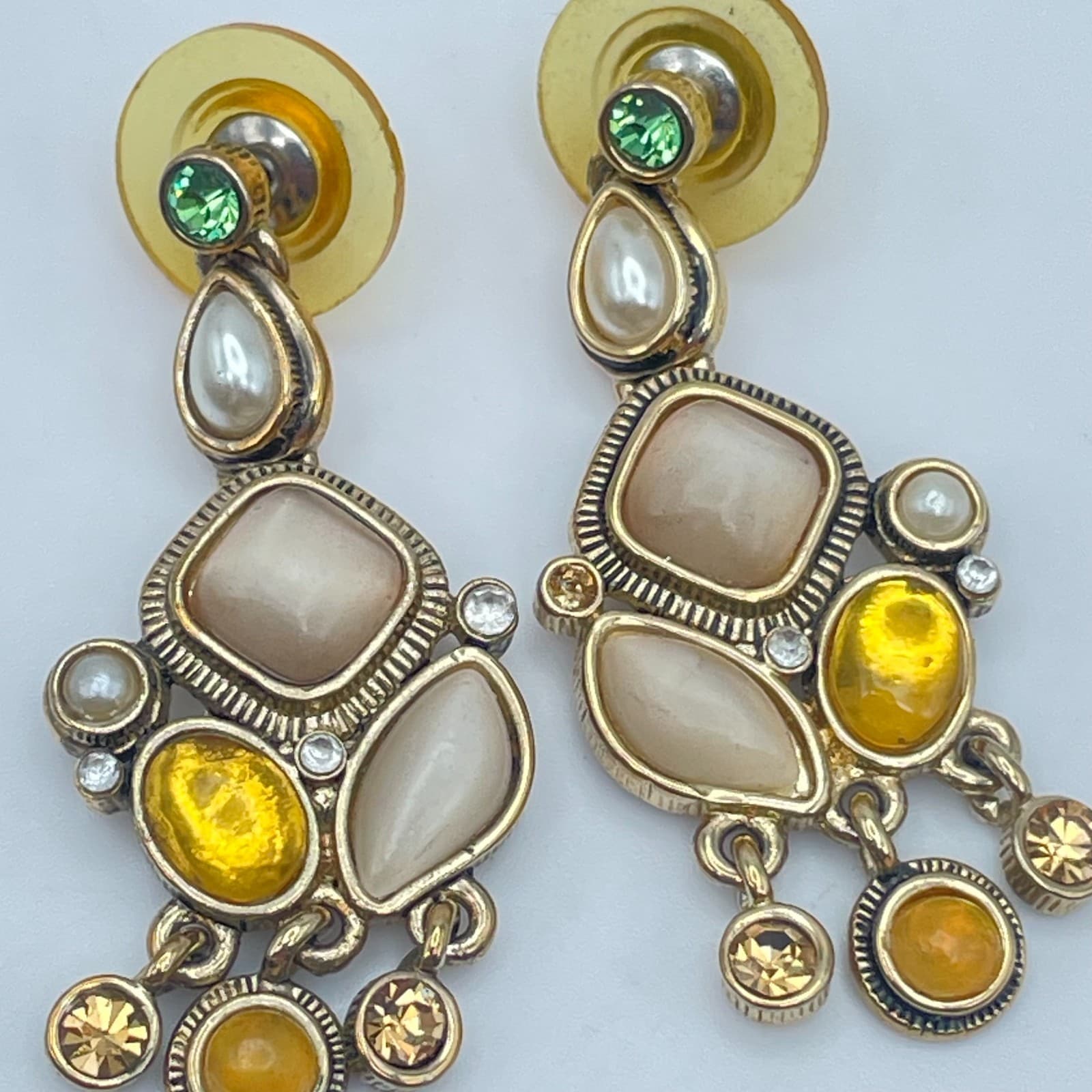 Vintage Y2K Gold Tone Dangle Earrings Rhinestone Glass Statement Women's Jewelry - Thumbnail 8