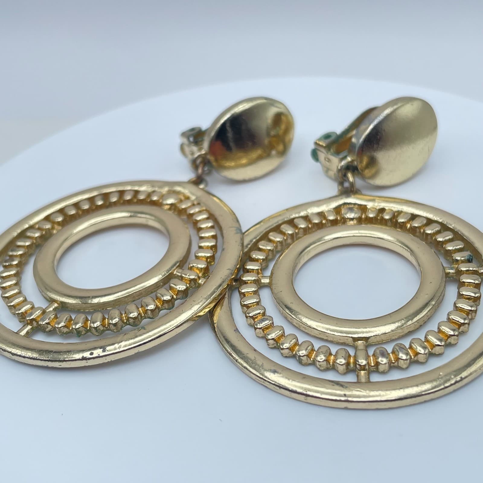 Vintage Y2K Gold Tone Textured Double Hoop Dangle Earrings Women's Jewelry - Thumbnail 2