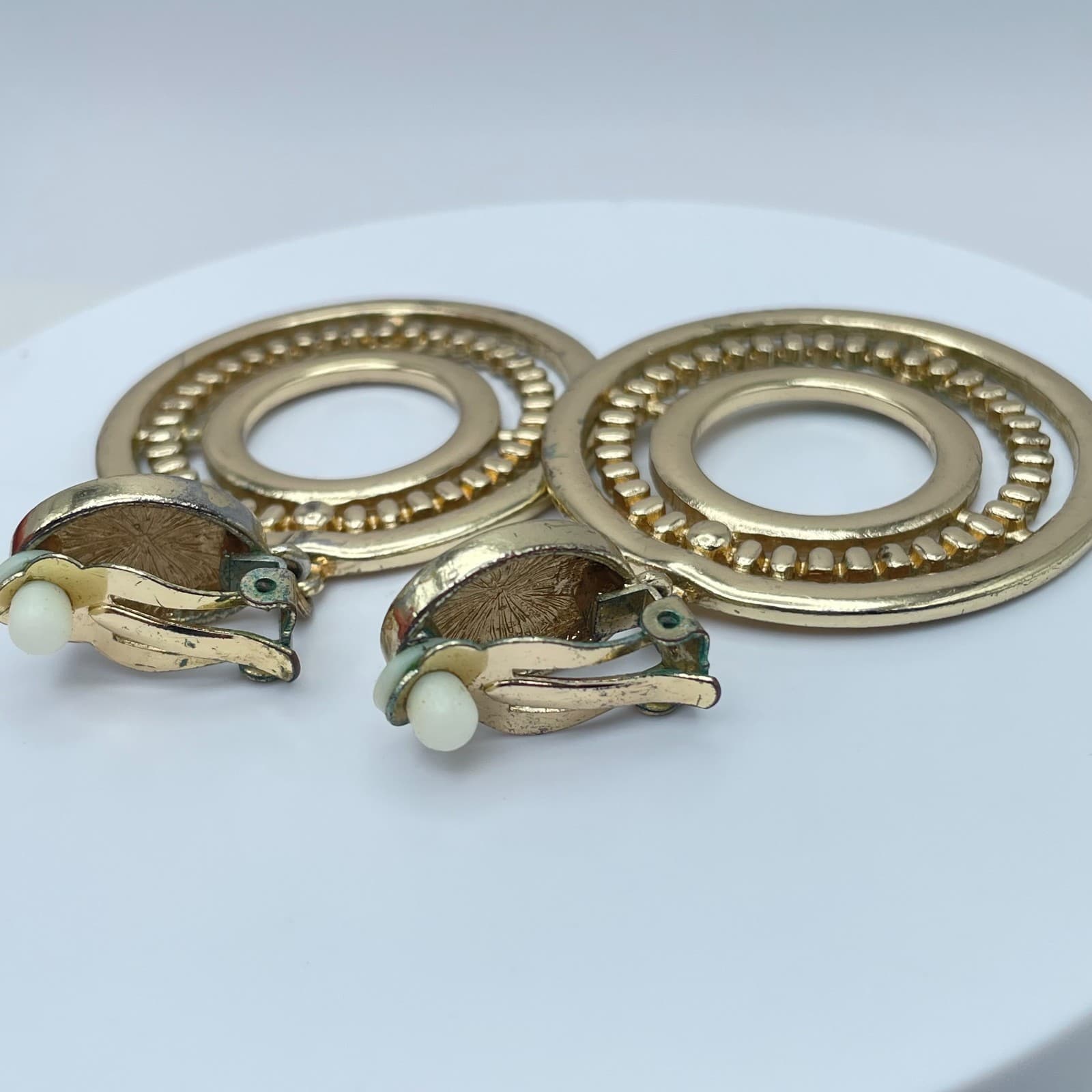 Vintage Y2K Gold Tone Textured Double Hoop Dangle Earrings Women's Jewelry - Thumbnail 4