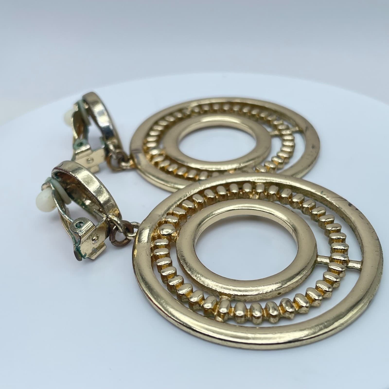 Vintage Y2K Gold Tone Textured Double Hoop Dangle Earrings Women's Jewelry - Thumbnail 5