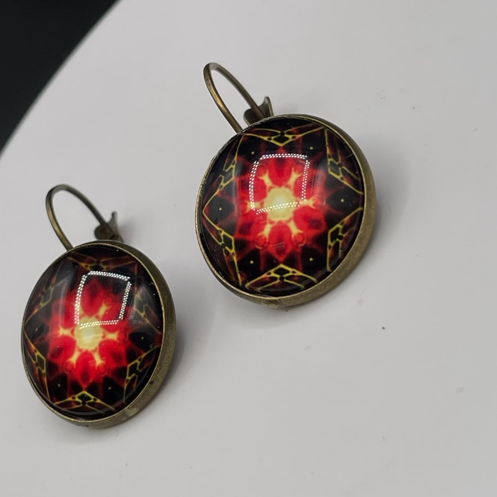 Kaleidoscope Glass Dome Earrings Red Yellow Mandala Boho Art Statement - Thumbnail 3