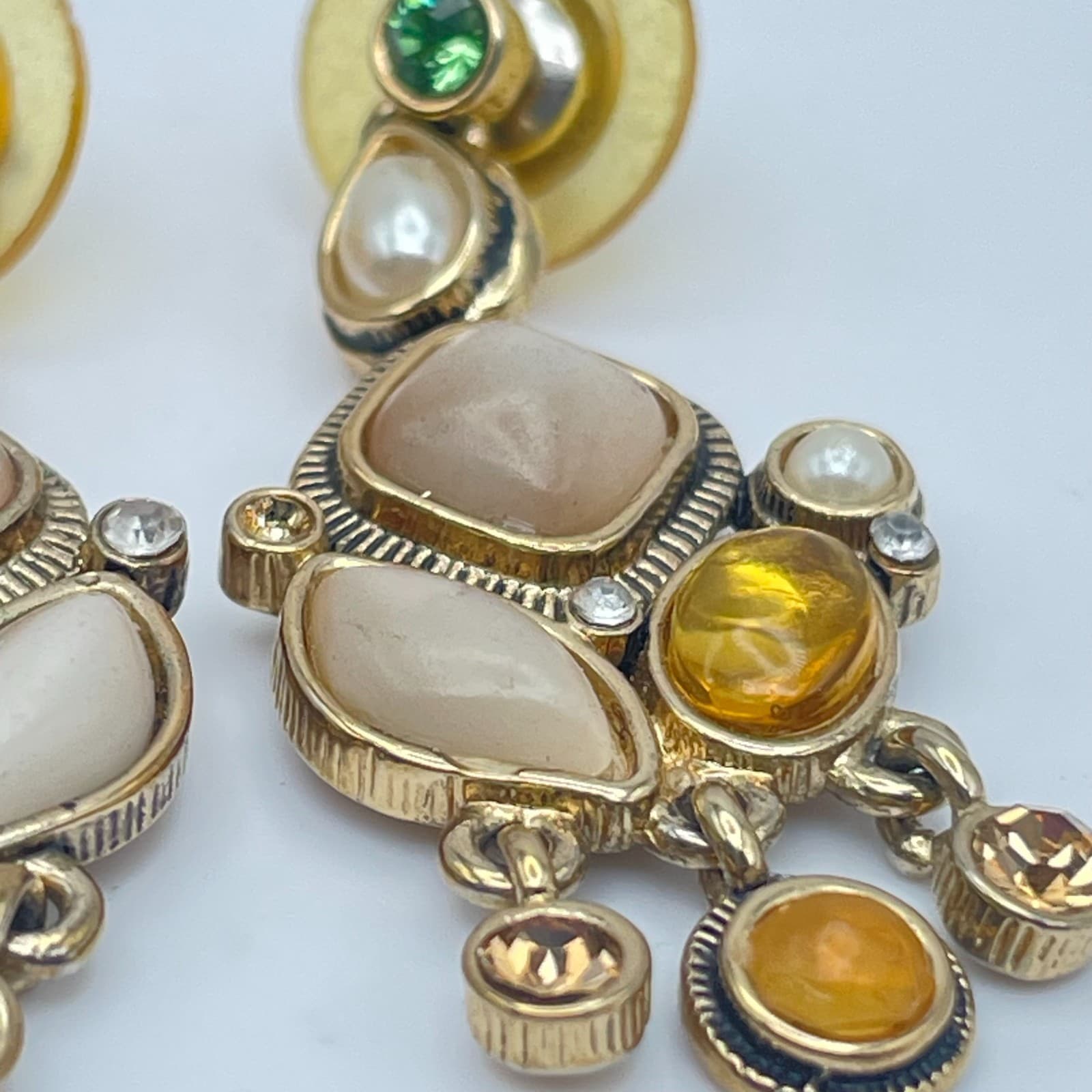 Vintage Y2K Gold Tone Dangle Earrings Rhinestone Glass Statement Women's Jewelry - Thumbnail 9