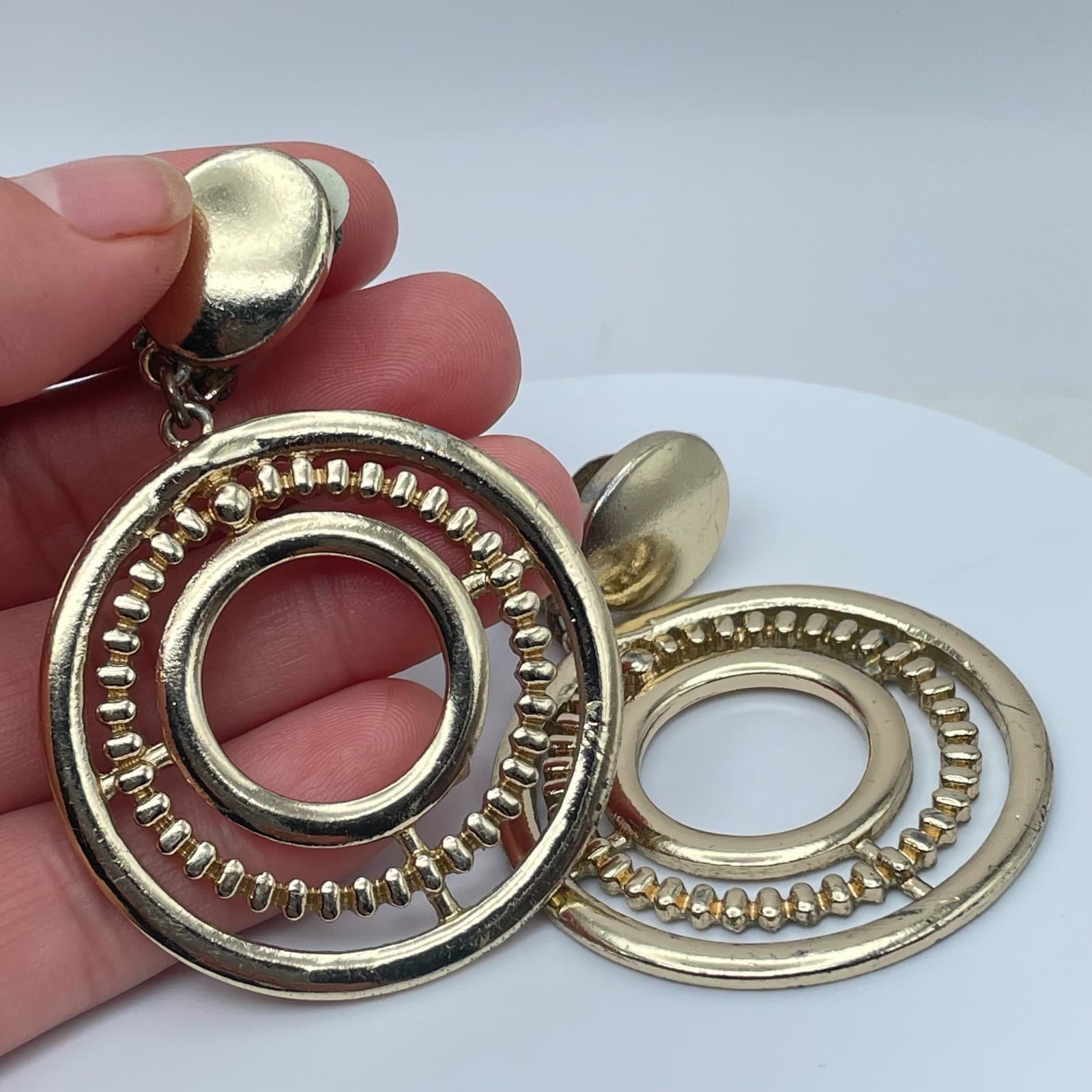 Vintage Y2K Gold Tone Textured Double Hoop Dangle Earrings Women's Jewelry - Thumbnail 7