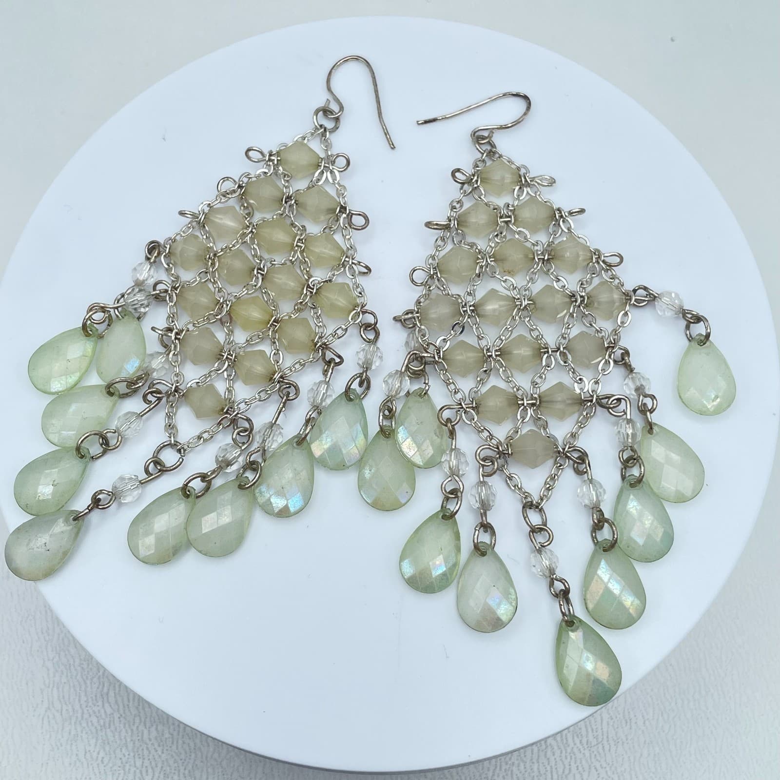 Vintage 90s Pale Green Iridescent Mesh Linked Earrings Silver Tone Jewelry - Image 1