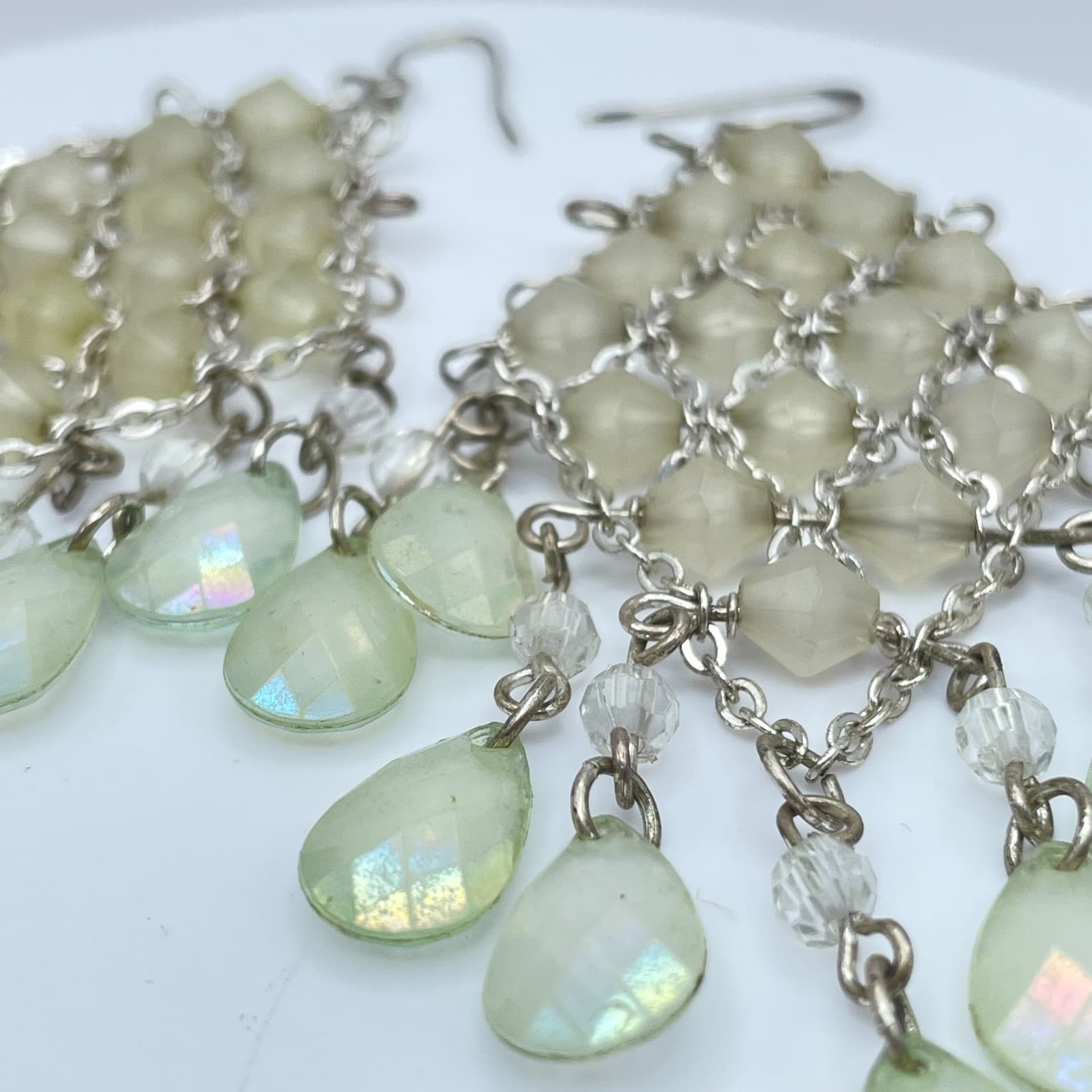 Vintage 90s Pale Green Iridescent Mesh Linked Earrings Silver Tone Jewelry - Thumbnail 2