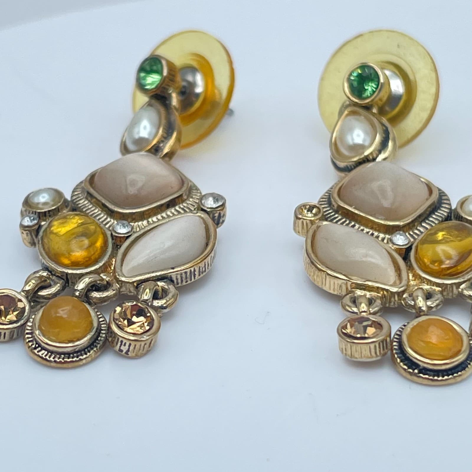 Vintage Y2K Gold Tone Dangle Earrings Rhinestone Glass Statement Women's Jewelry - Thumbnail 4