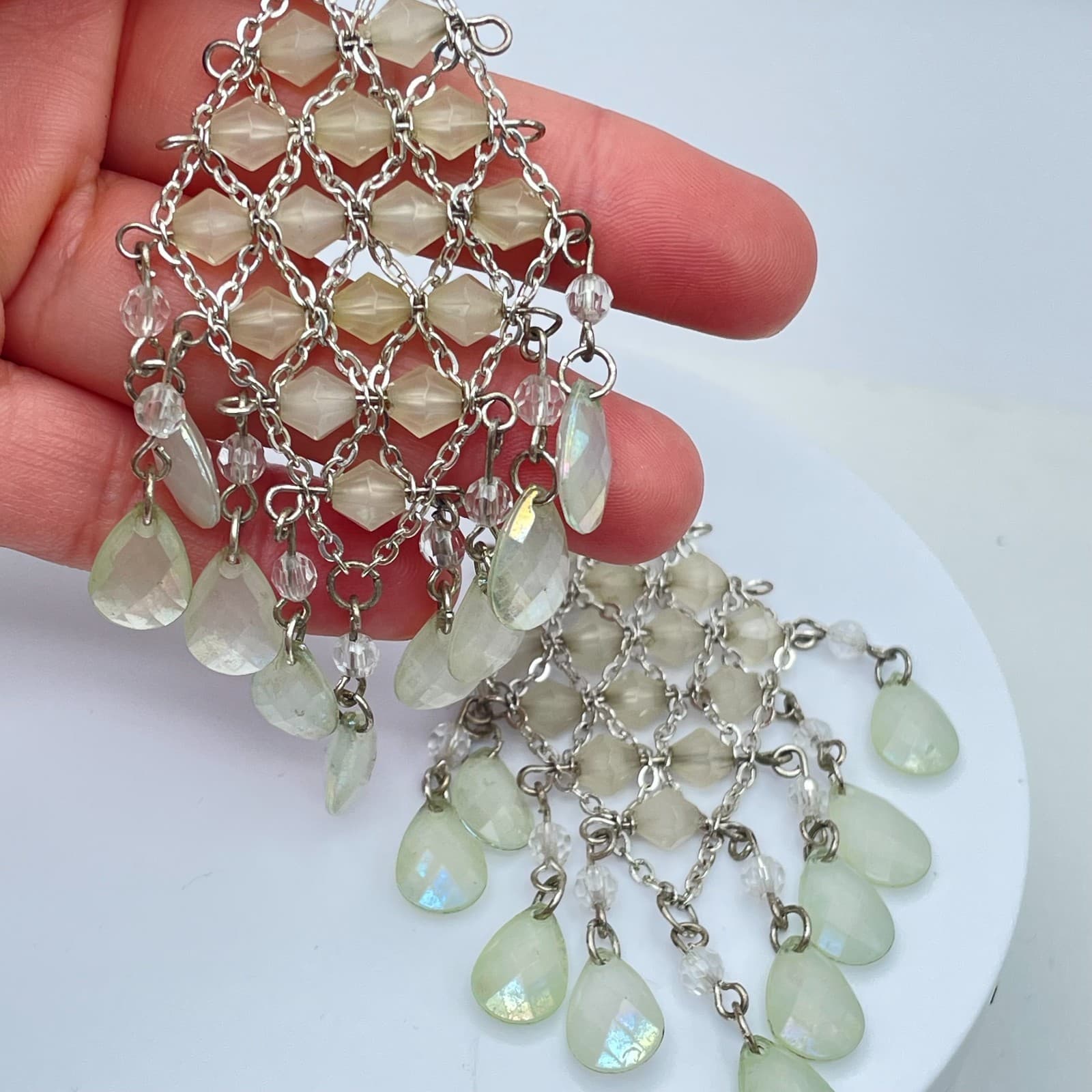 Vintage 90s Pale Green Iridescent Mesh Linked Earrings Silver Tone Jewelry - Thumbnail 3