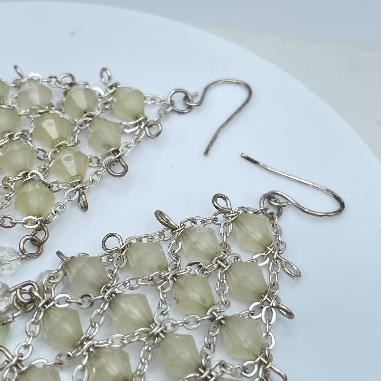 Vintage 90s Pale Green Iridescent Mesh Linked Earrings Silver Tone Jewelry - Thumbnail 5