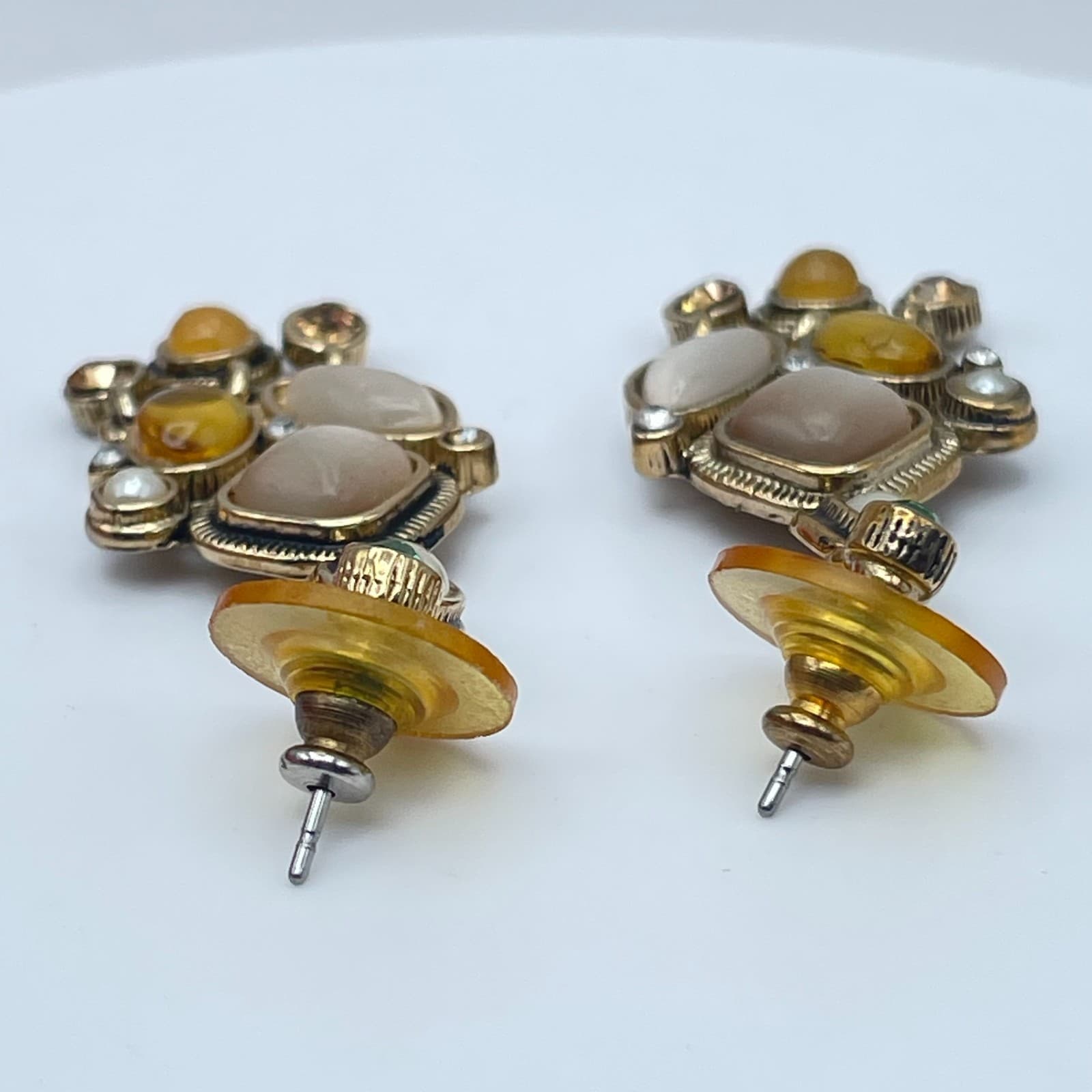 Vintage Y2K Gold Tone Dangle Earrings Rhinestone Glass Statement Women's Jewelry - Thumbnail 7