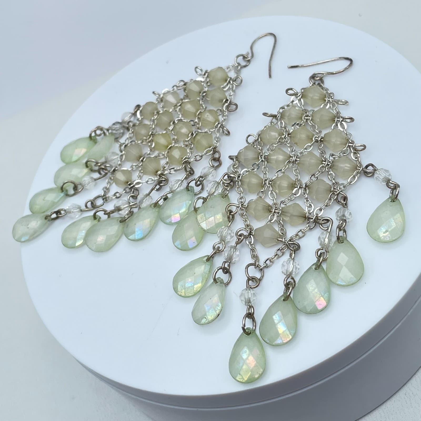 Vintage 90s Pale Green Iridescent Mesh Linked Earrings Silver Tone Jewelry - Thumbnail 7