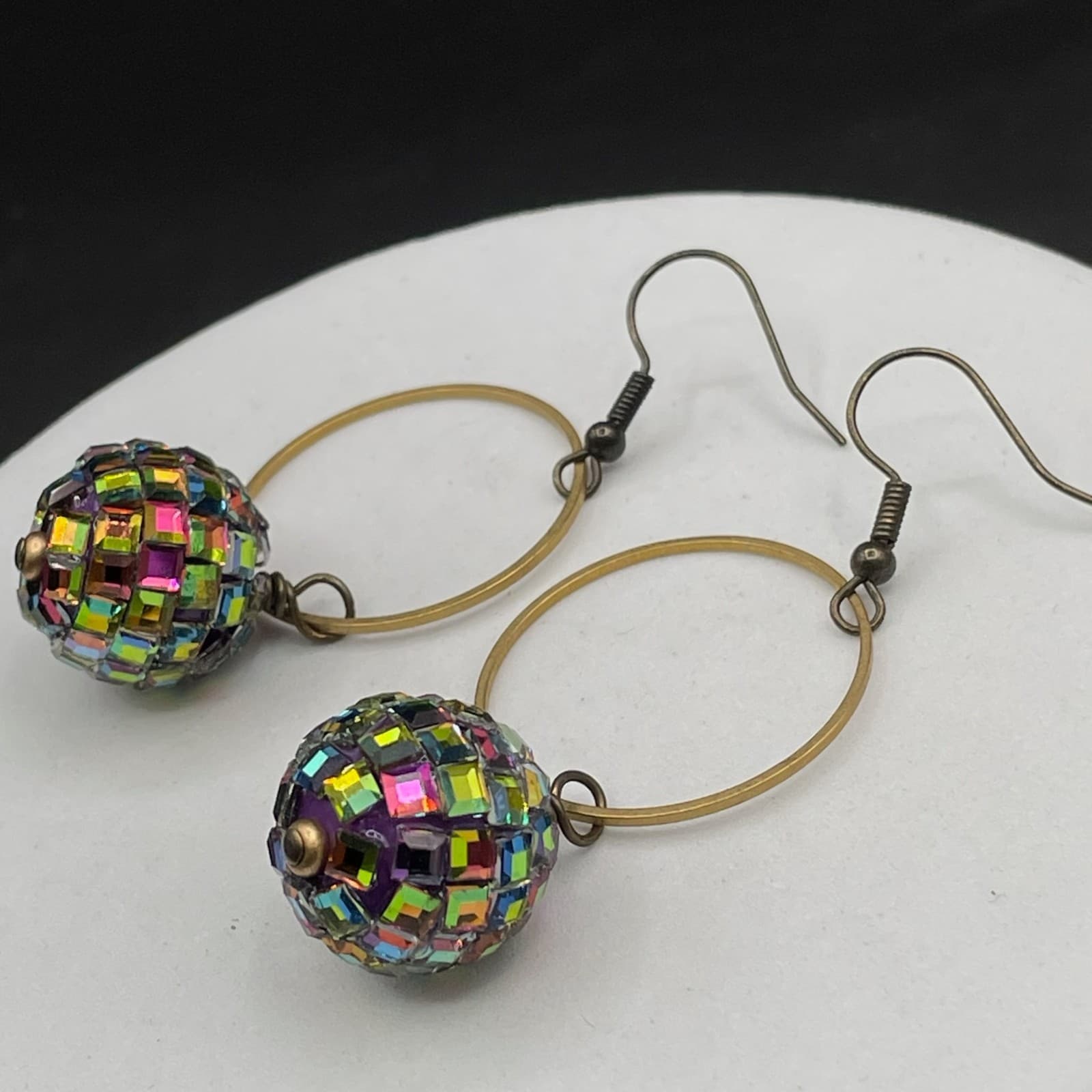 Boho Gold Hoop Earrings w/ Rainbow Mosaic Bead Disco Y2K Statement - Thumbnail 2