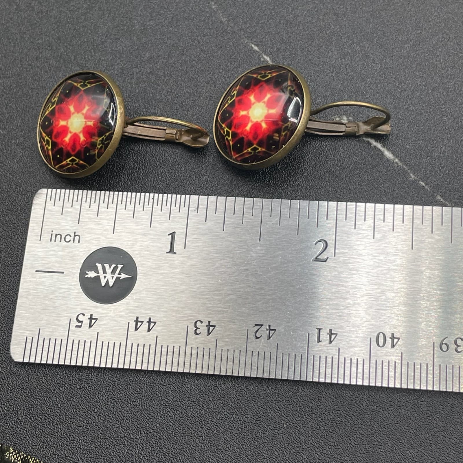 Kaleidoscope Glass Dome Earrings Red Yellow Mandala Boho Art Statement - Thumbnail 8