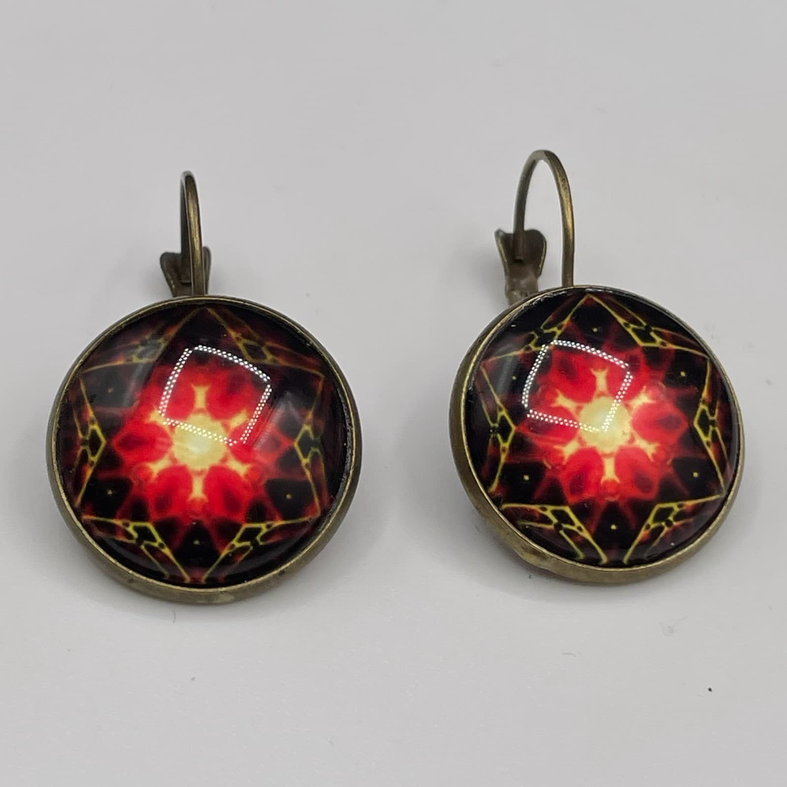 Kaleidoscope Glass Dome Earrings Red Yellow Mandala Boho Art Statement - Image 1