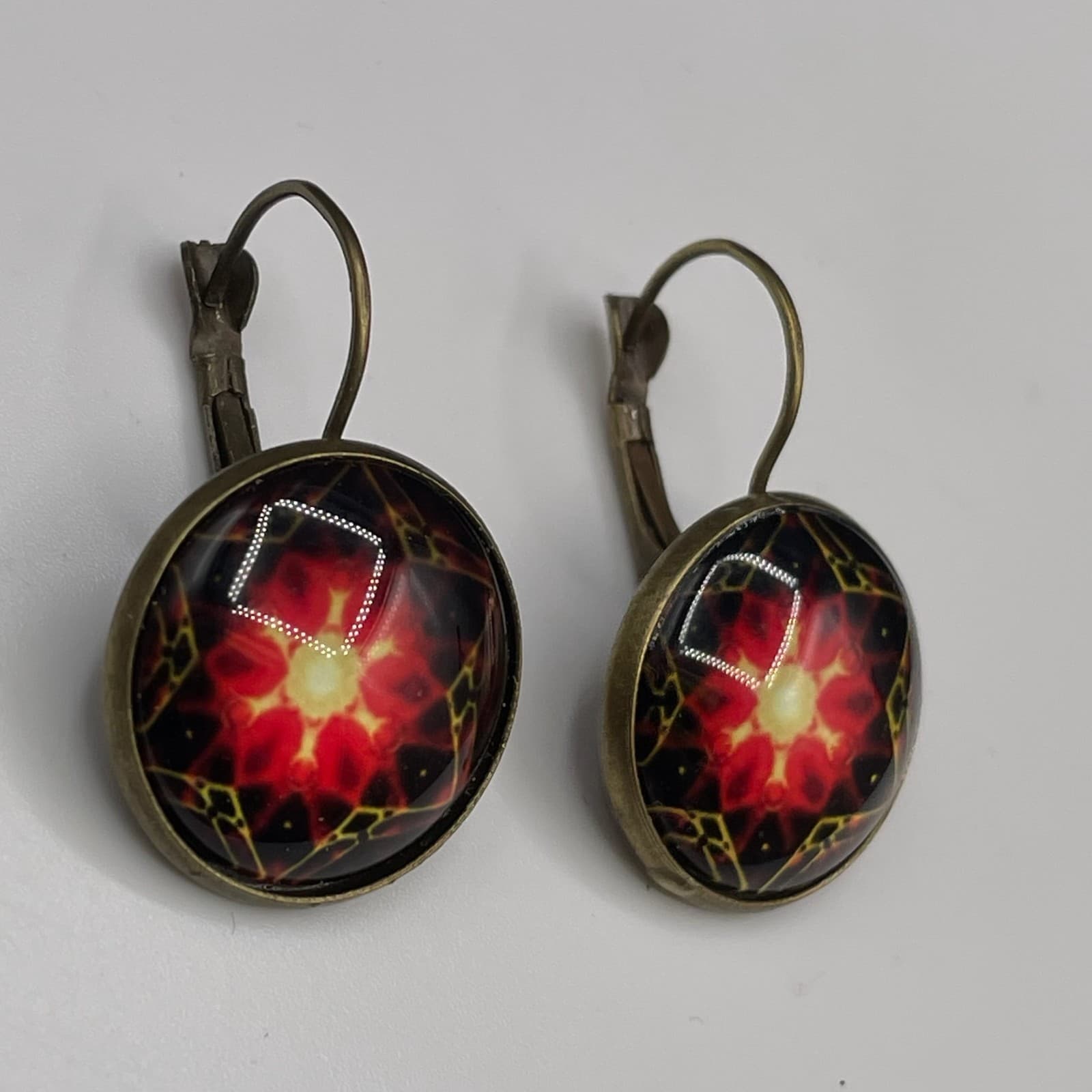 Kaleidoscope Glass Dome Earrings Red Yellow Mandala Boho Art Statement - Thumbnail 4