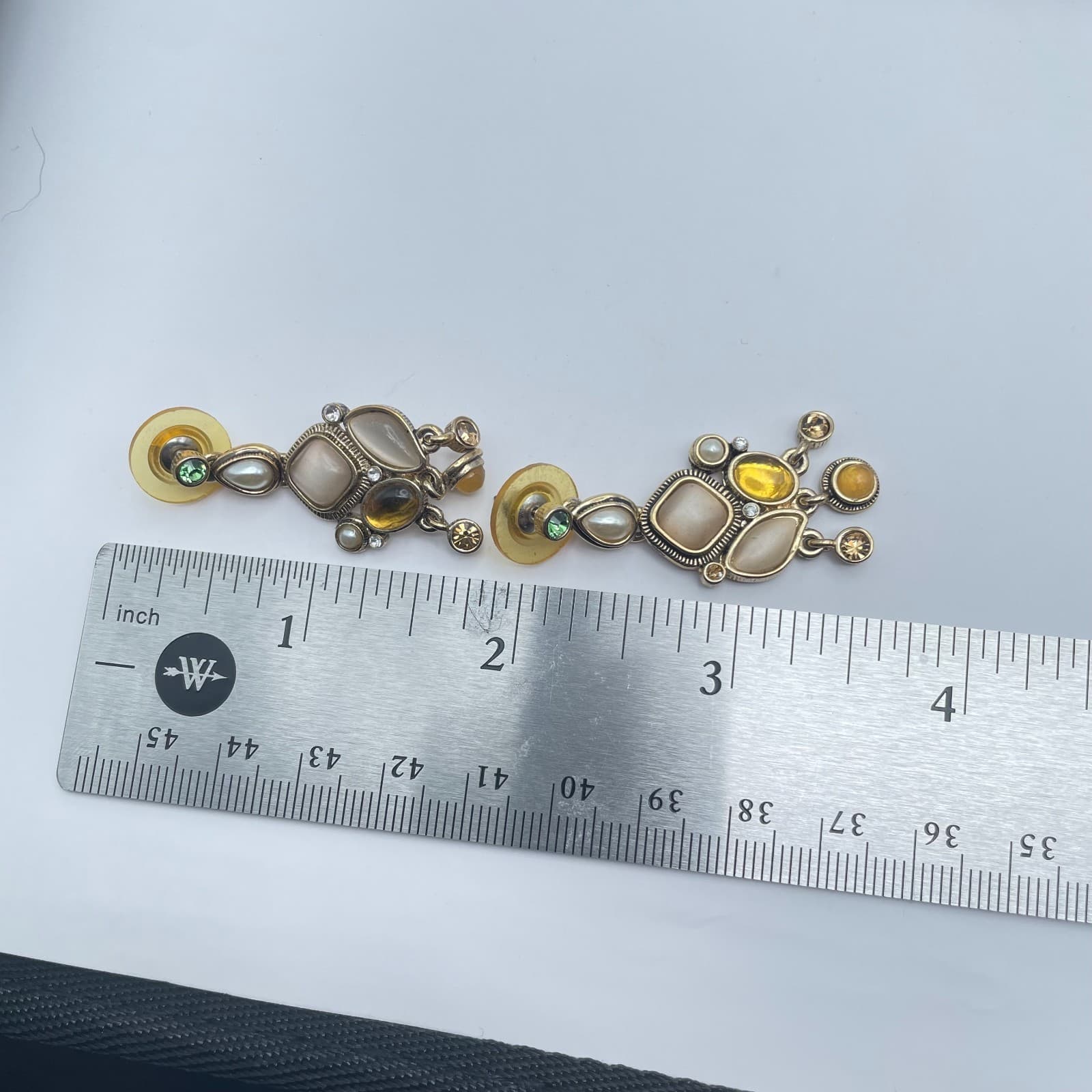 Vintage Y2K Gold Tone Dangle Earrings Rhinestone Glass Statement Women's Jewelry - Thumbnail 12