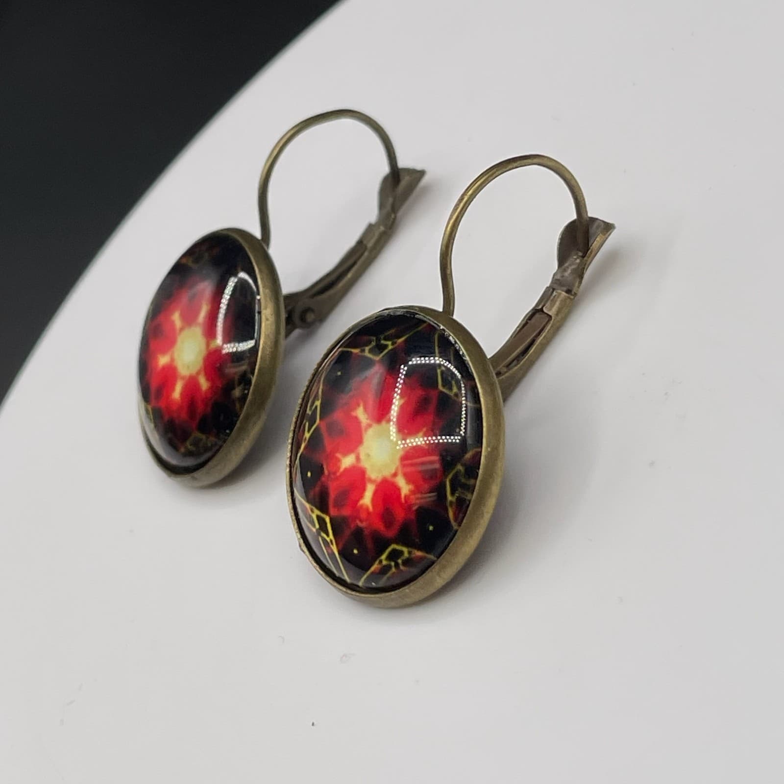 Kaleidoscope Glass Dome Earrings Red Yellow Mandala Boho Art Statement - Thumbnail 2